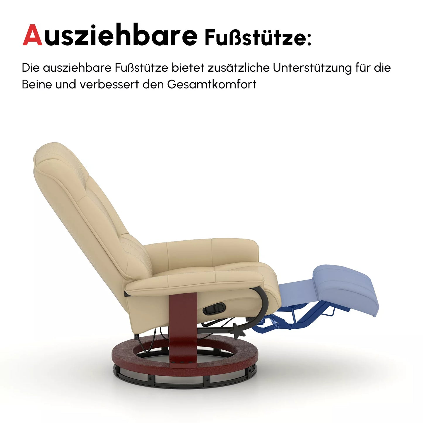 Krėslas su relaksacijos funkcija, reguliuojamas, su gulėjimo funkcija, iki 120 kg, dirbtinė oda, 78 x 87 x 100 cm, kreminės spalvos