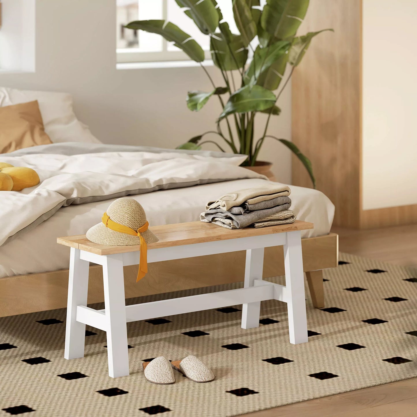 Suolas 2 vietoms, medinis suolas ąžuolo išvaizdos, su stabilizuojančia skersine atrama, skirtas svetainei, valgomajam, koridoriui, pagamintas iš kaučiukmedžio, baltos spalvos