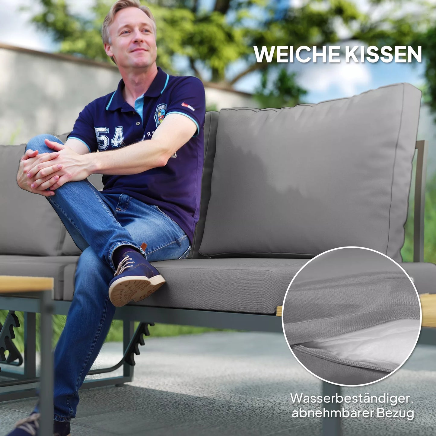 Lauko baldų komplektas, praplečiamas iki 6 vietų, L formos lauko poilsio zona su stalais, plieniniu rėmu, reguliuojamais atlošais, pilkos spalvos.