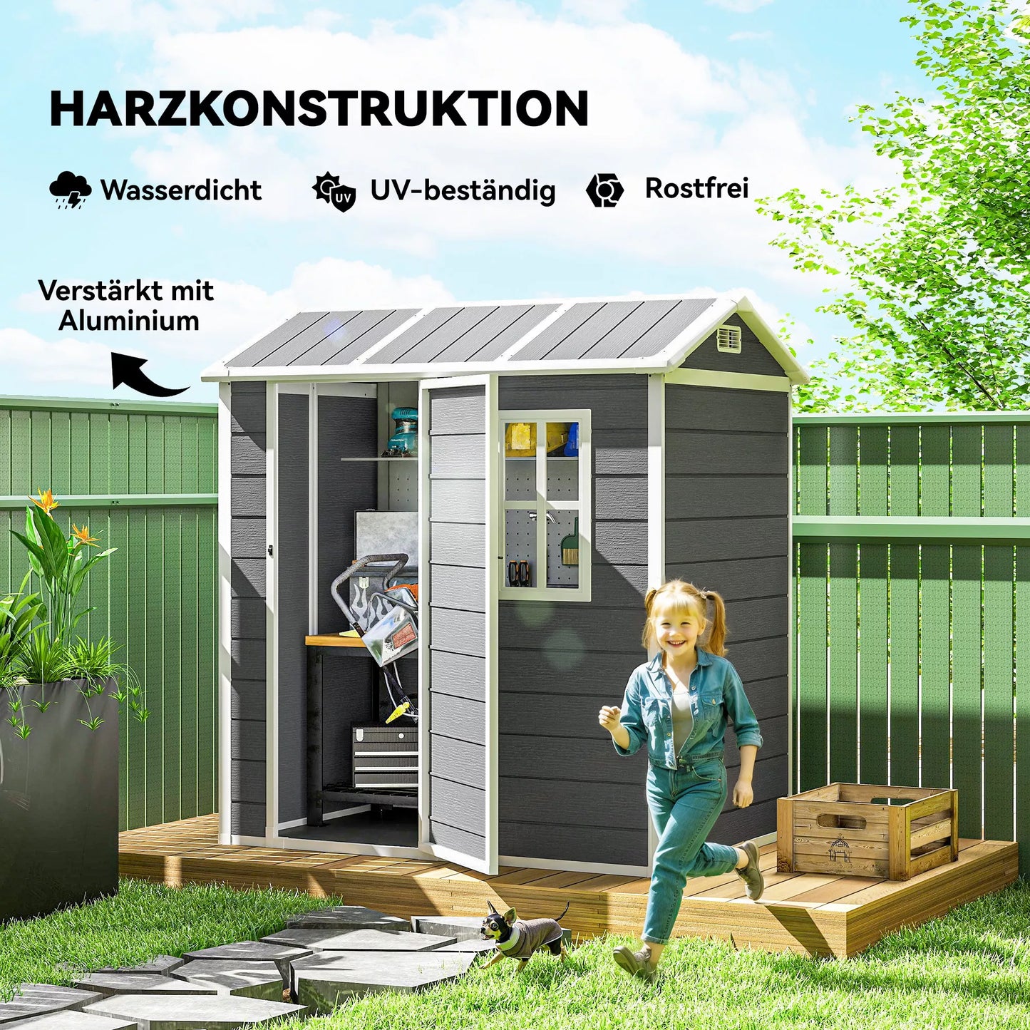 Sodo namelis su grindimis, langais, užrakinamomis durimis, iš plastiko dervos, atsparus oro sąlygoms, pilkos spalvos