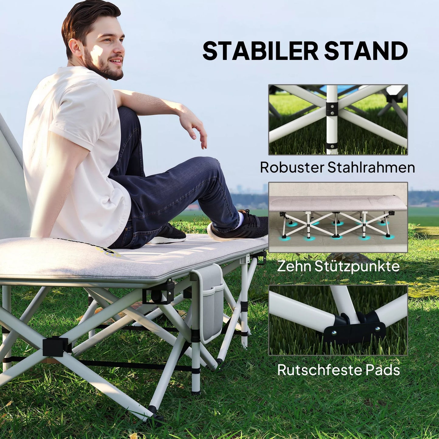 Sulankstoma kempingo lova, minkšta, iki 200 kg, nerūdijančio plieno rėmas, 200x65x42cm, pilka