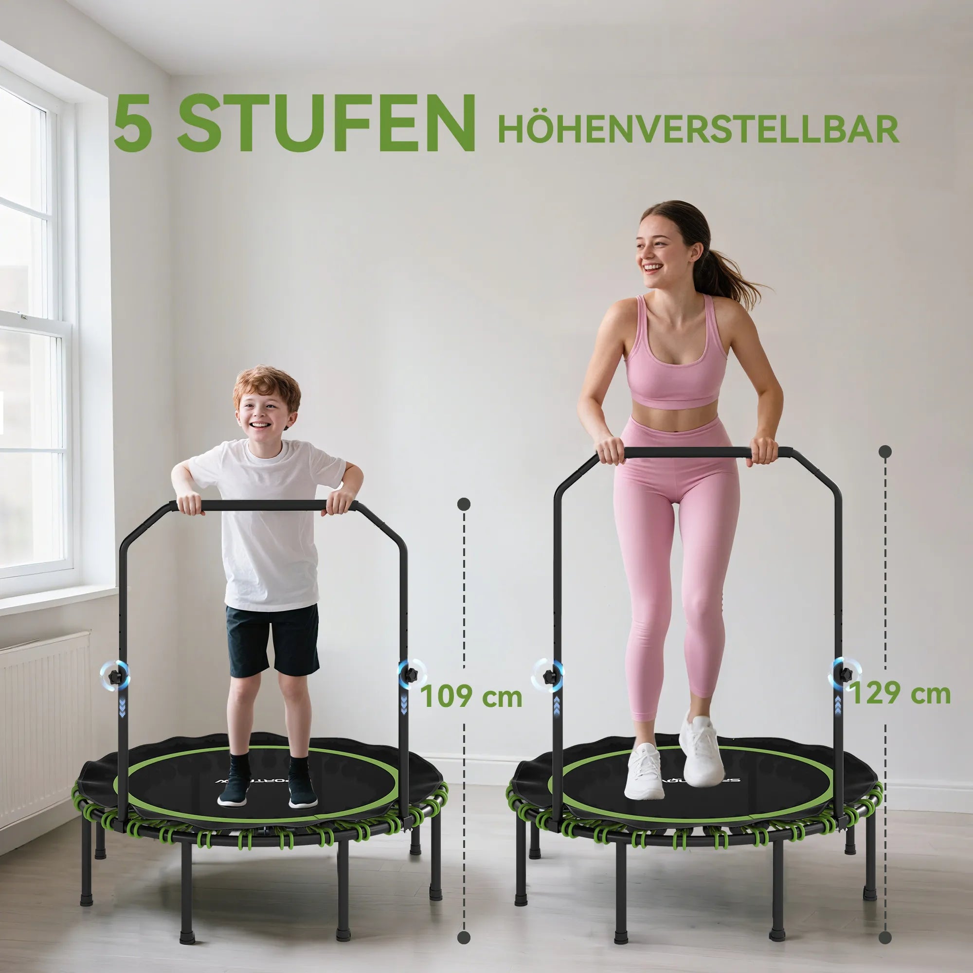 Fitness batutas su reguliuojamu turėklu, sportinis batutas naudoti viduje ir lauke, plienas, plastikas, žalias