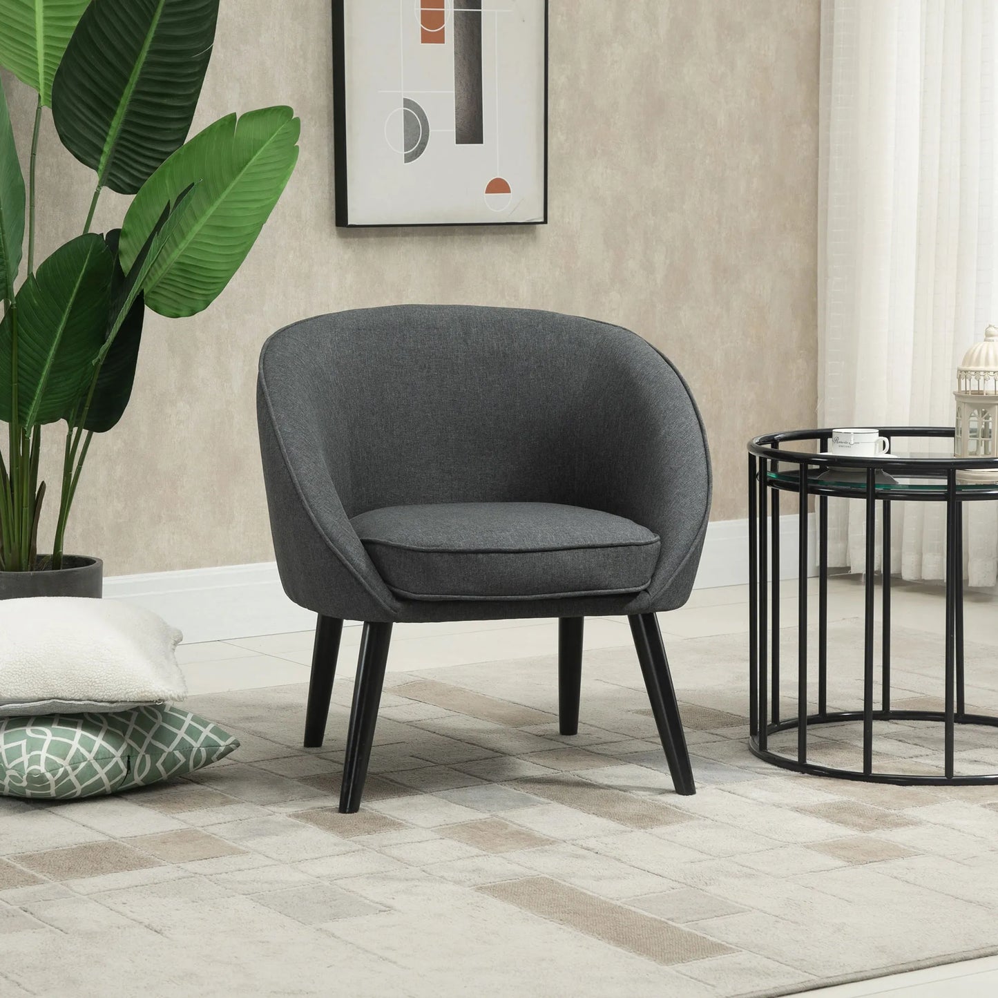 Minkštas fotelis iki 150 kg, lininės išvaizdos, medžio, pilkos spalvos, 71 x 65 x 75 cm