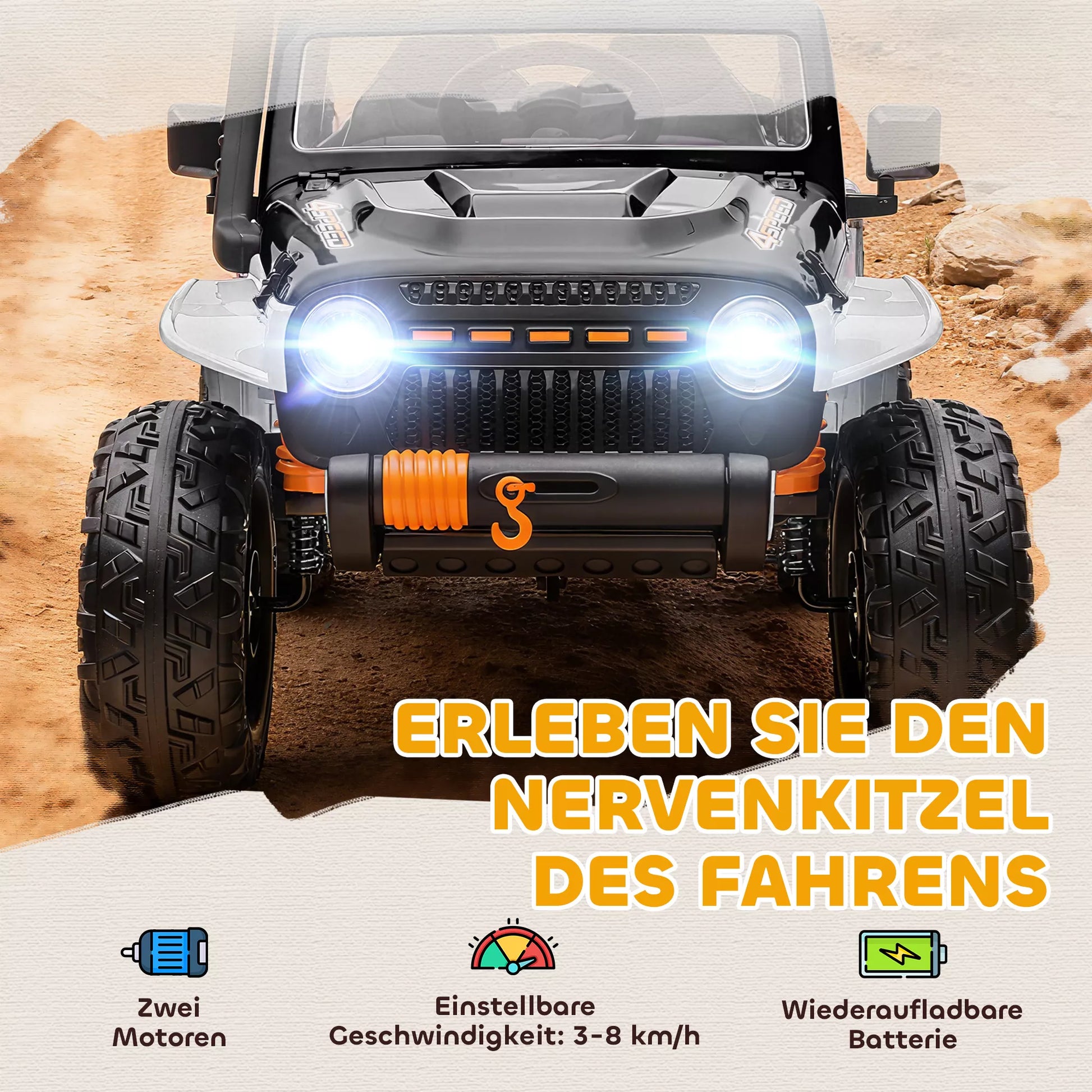 Elektrinis automobilis vaikams, 12 V baterija, su tėvų ir vaiko sėdynėmis, nuotolinio valdymo pultas, muzika, signalas, LED žibintai, 3–8 metai, baltas