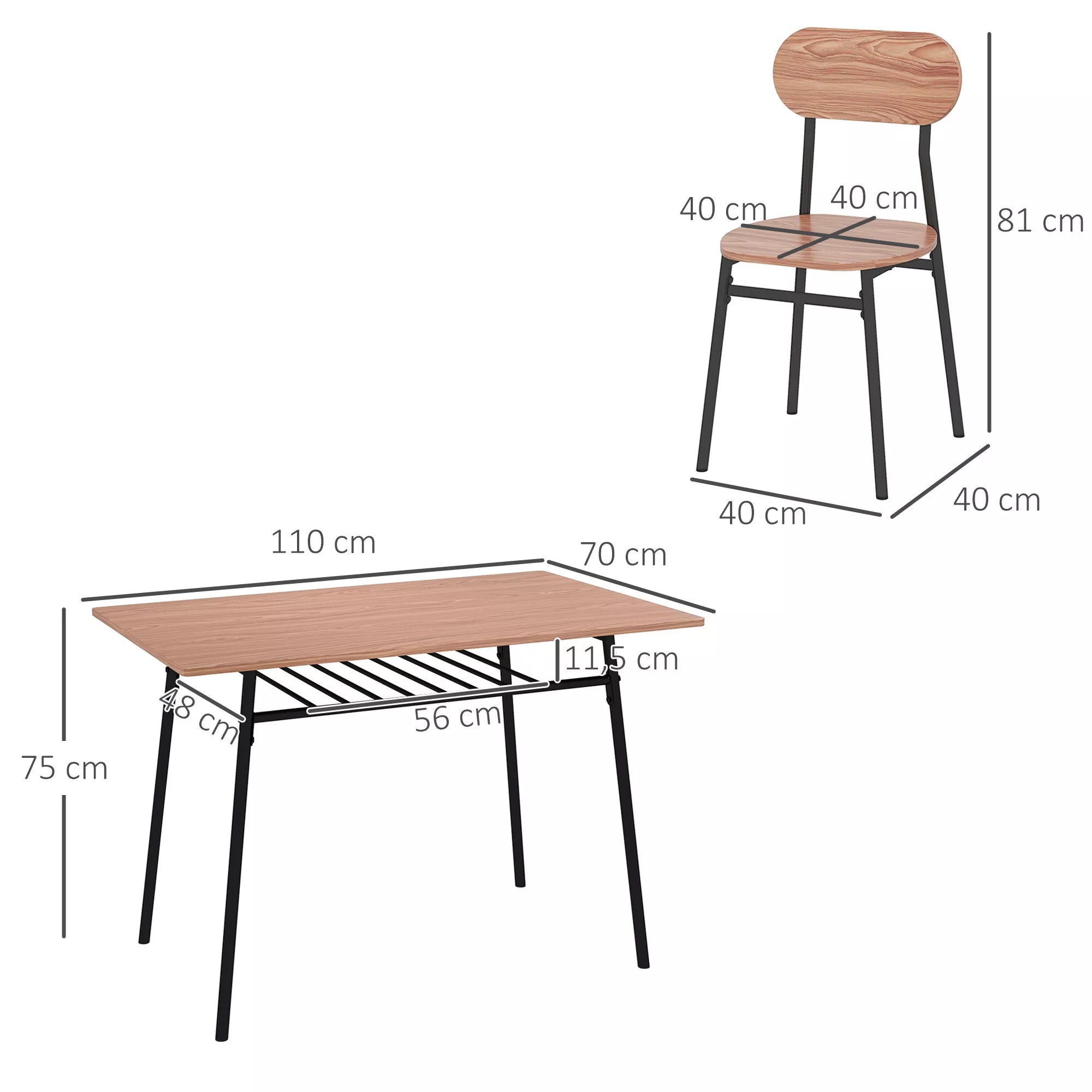 Valgomojo stalo ir kėdės matmenų schema: 110 x 70 x 75 cm