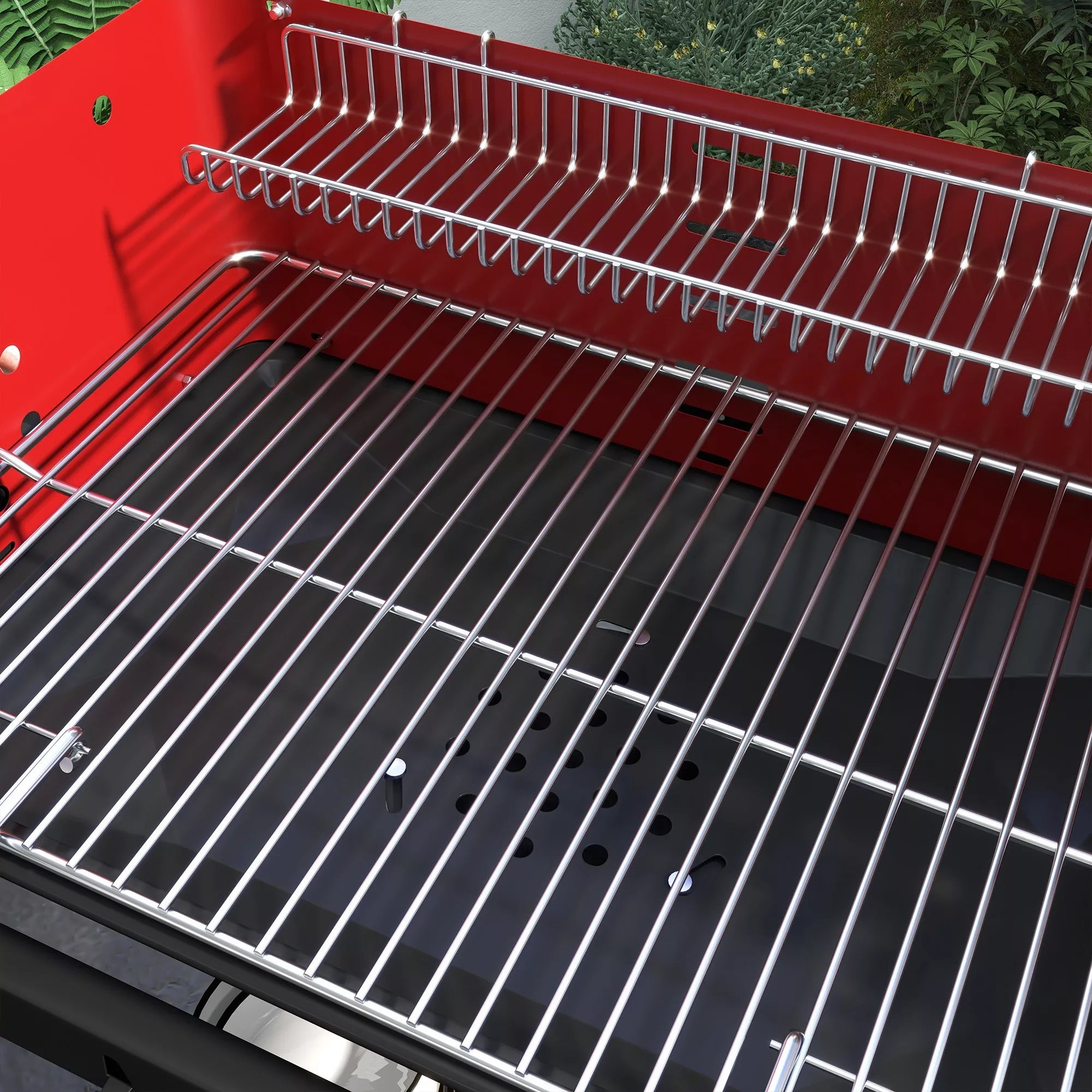 Metalinis anglies grilis BBQ Smoker su ratukais, aukščio reguliuojamas grotelių aukštis, medienos dėklas 103x47x95 cm Raudonas
