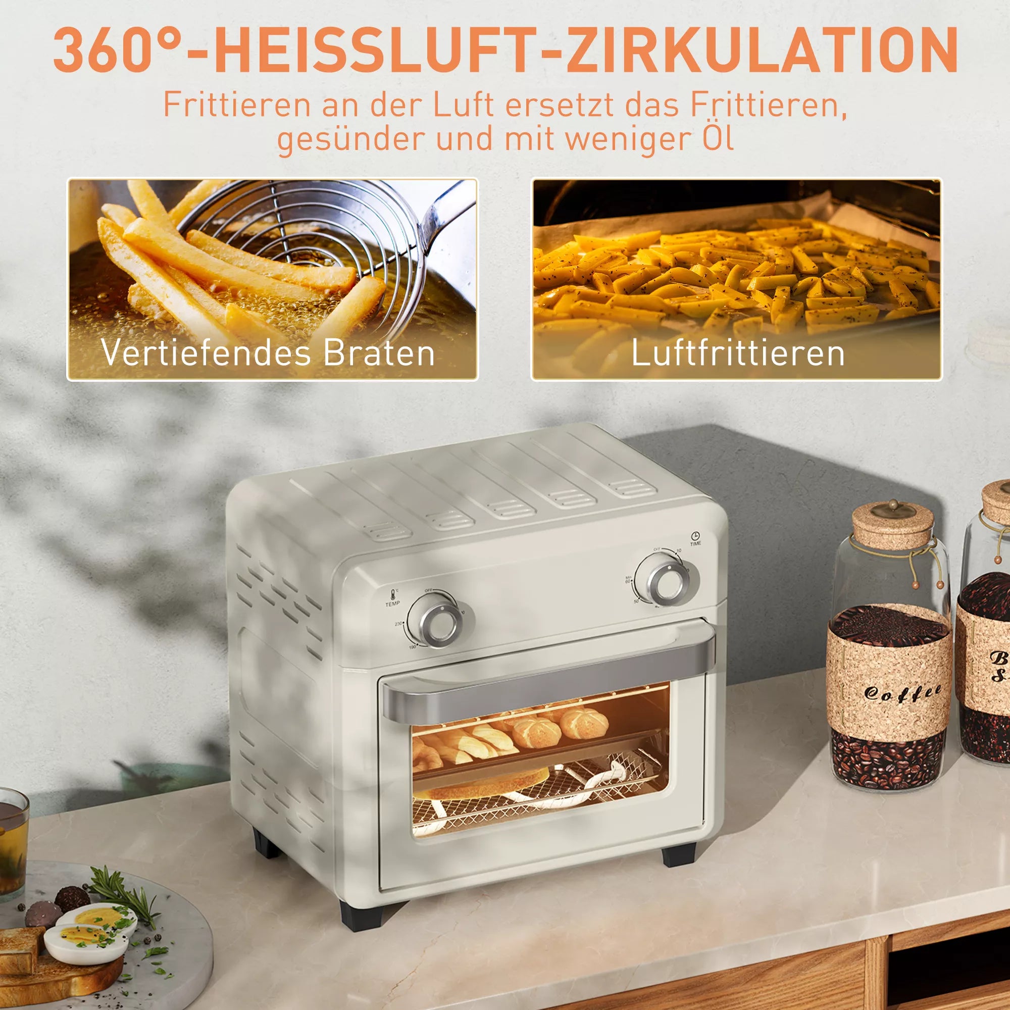 10 l karšto oro orkaitė kepimui, kepimui ir gruzdinimui, laikmatis, 1000 W, galima plauti indaplovėje, kreminė balta spalva