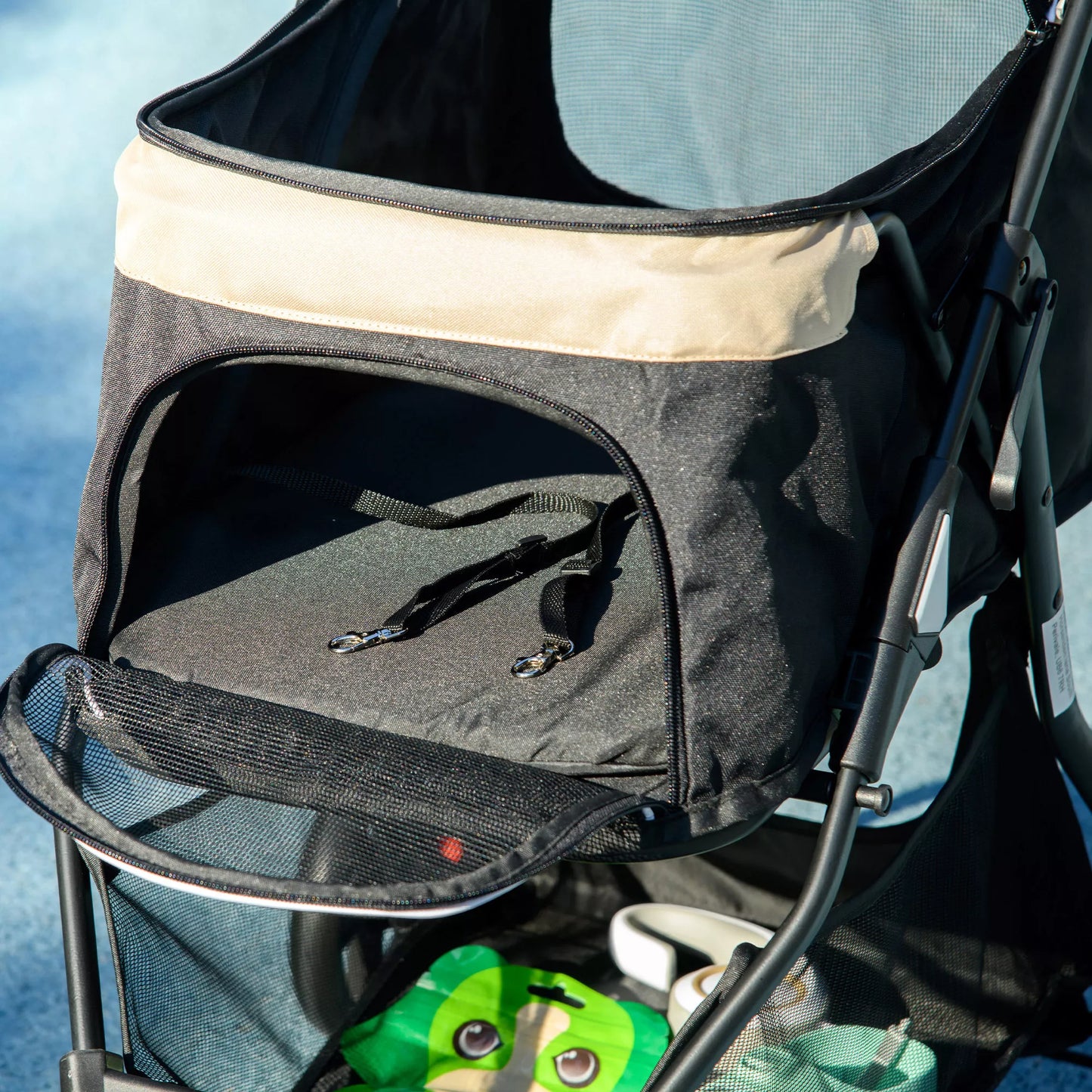 Vežimėlis augintiniams, šunų vežimėlis, sulankstomas, su apsauga nuo lietaus, 2 puodelių laikikliai, Mėlyna + Chaki