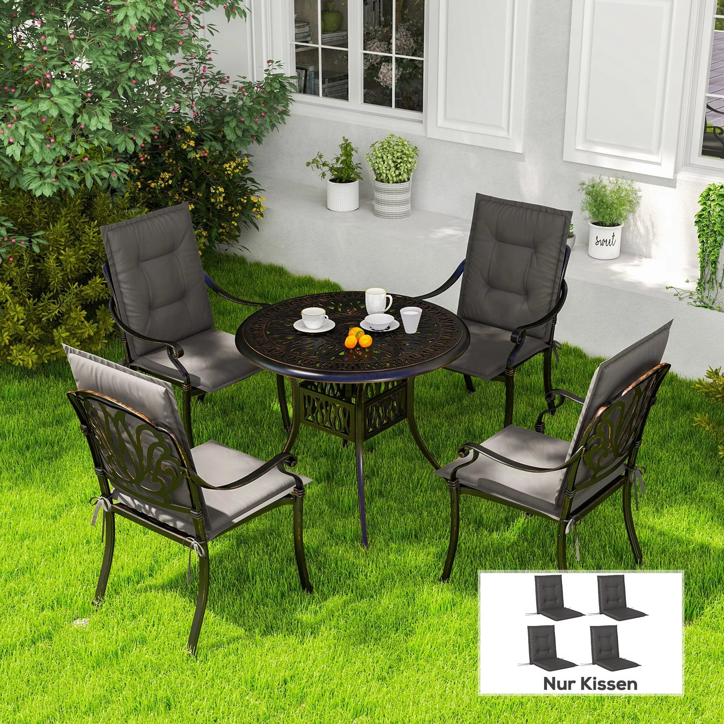 4 vnt. komplektas sėdimųjų pagalvėlių 108 x 50 x 5 cm, pagalvėlės kėdėms su raišteliais, lauko ir vidaus, tamsiai pilkos