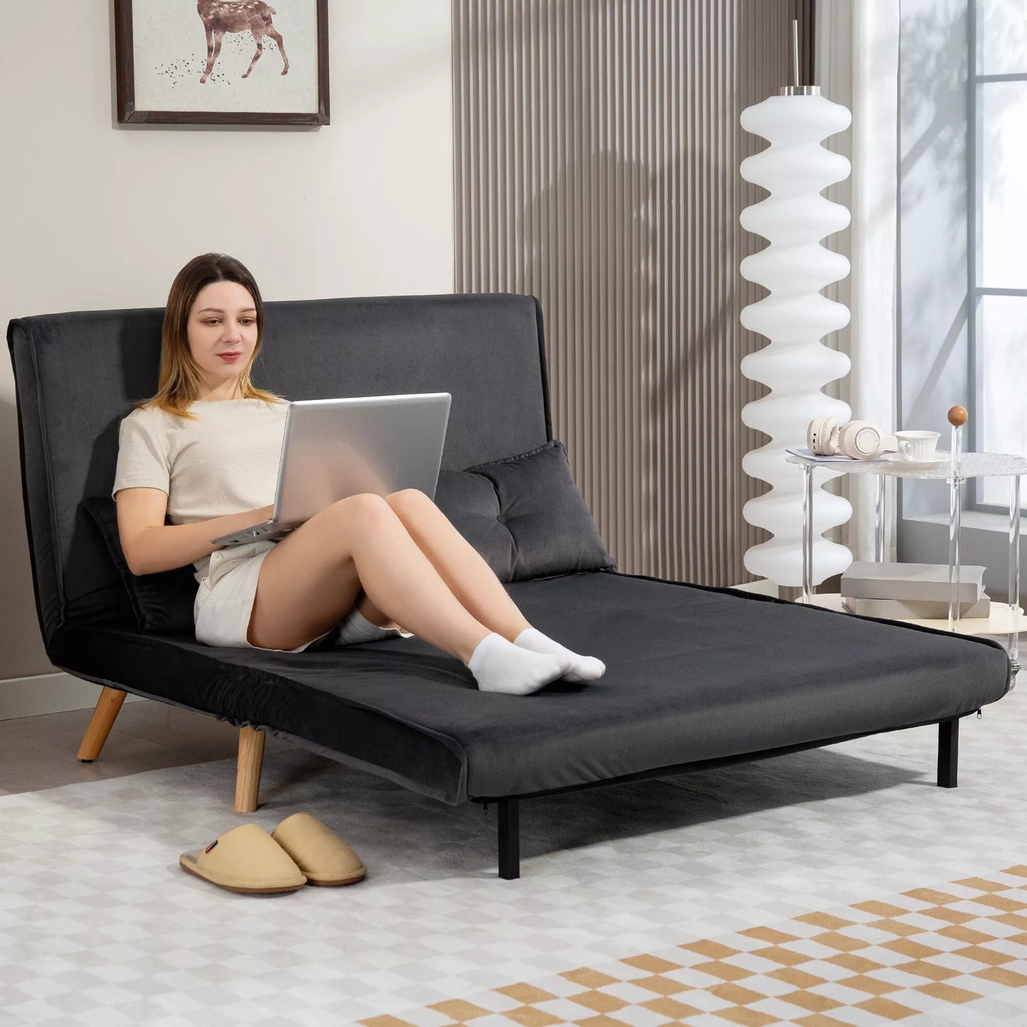 2 vietų miegamoji sofa, sofa-lova, transformuojama į lovą sofa, reguliuojama atlošas, audinio apmušalas, metalinis rėmas, pilka