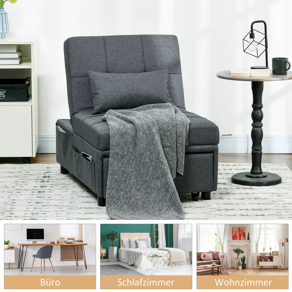 Patogus atlošiamasis fotelis-lova 3-in-1 fotelis, modernus, iki 150 kg, lininės išvaizdos, su pagalvėle, 65,5 x 104 x 81 cm, tamsiai pilkas