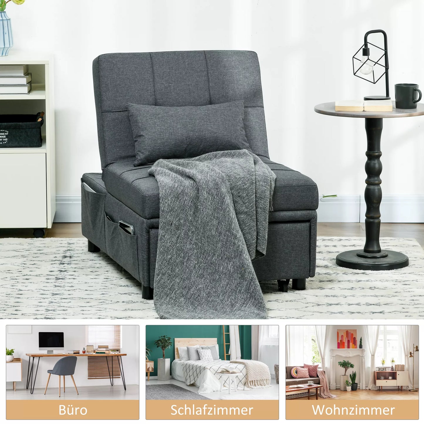 Patogus atlošiamasis fotelis-lova 3-in-1 fotelis, modernus, iki 150 kg, lininės išvaizdos, su pagalvėle, 65,5 x 104 x 81 cm, tamsiai pilkas