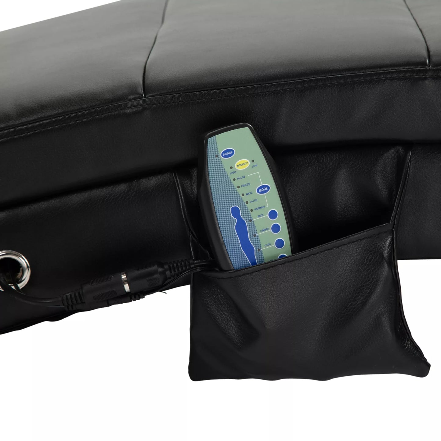 Atlošiama masažinė kėdė (lounge fotelis) Ergonomiška, su aukšta atlošo atrama, masažo funkcija ir pagalvėle, Zero-G dizainas. Dirbtinė oda, metalas, putplastis. Juoda. 58 x 163 x 87 cm