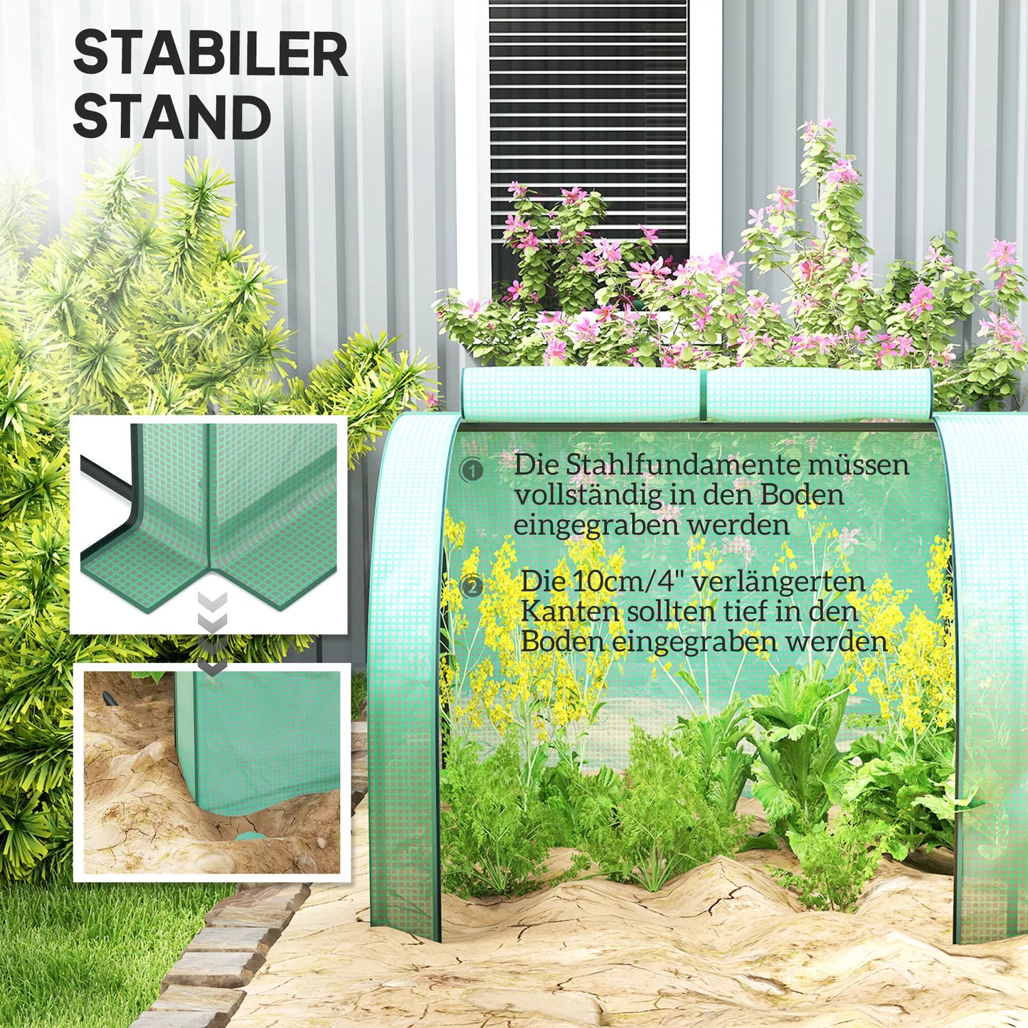 Tunelinis šiltnamis, 4 langai su užtrauktukais, plieninis rėmas, tvirtas tentas, 395 x 100 x 80 cm, žalias