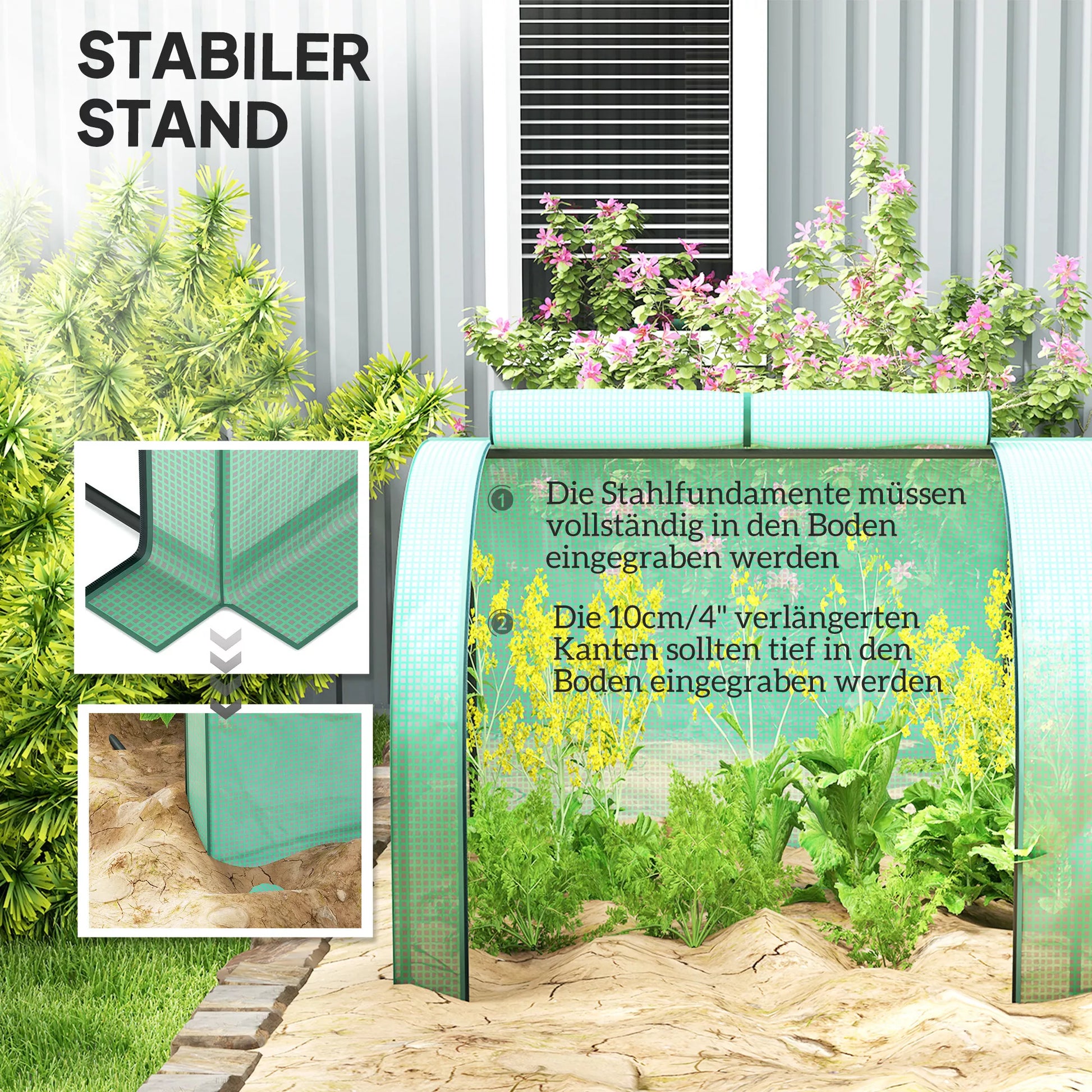 Tunelinis šiltnamis, 4 langai su užtrauktukais, plieninis rėmas, tvirtas tentas, 395 x 100 x 80 cm, žalias