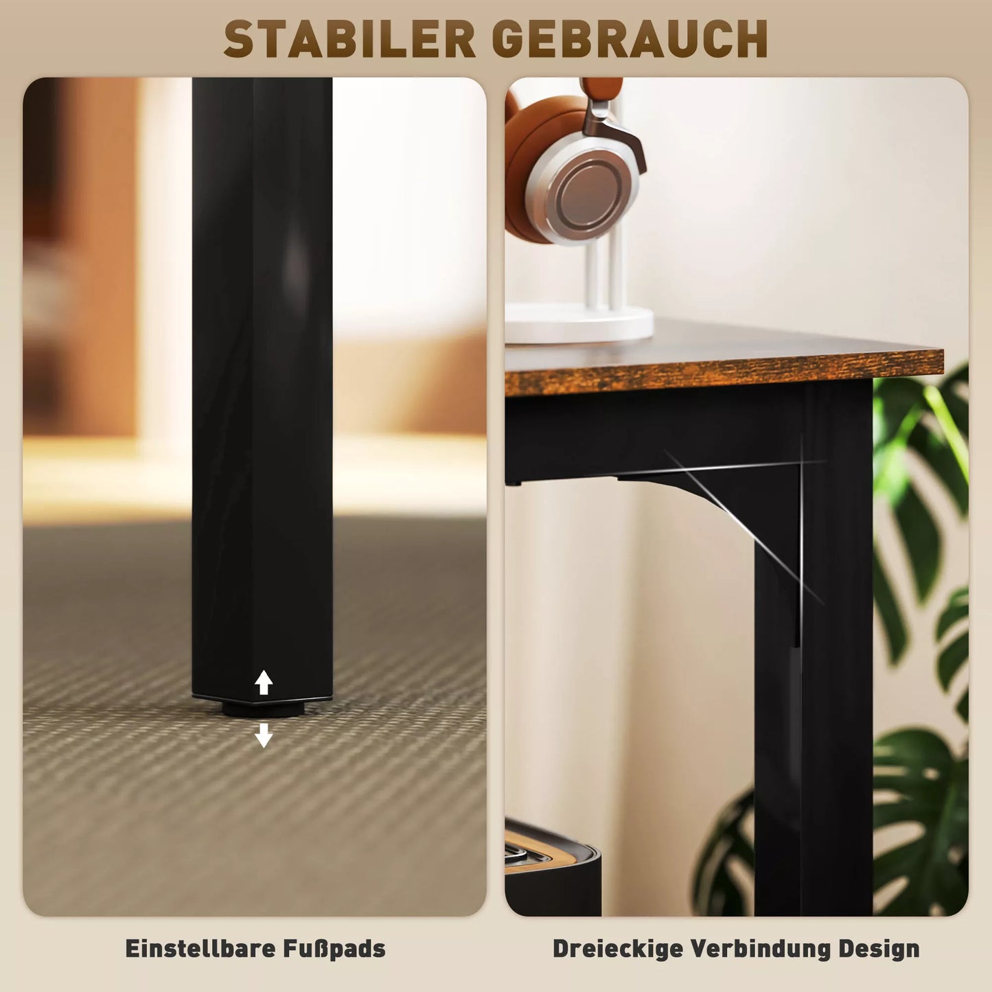 Rašomasis stalas, kompiuterio stalas, rustiškas dizainas, daug vietos, drožlių plokštė, rudos spalvos