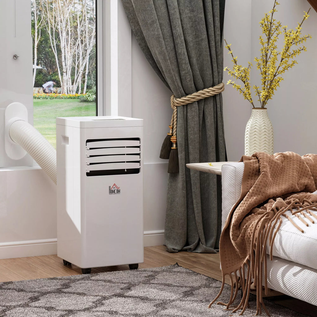 Mobilus oro kondicionierius, 7000 BTU, 3-in-1 įrenginys – vėsinimas, drėgmės šalinimas ir vėdinimas – oro sausintuvas, ventiliatorius, su nuotolinio valdymo pultu, 24 val. laikmačiu, 2 greičio režimais, skirtas 10–26 m² patalpoms, baltos spalvos