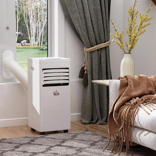 Mobilus oro kondicionierius, 7000 BTU, 3-in-1 įrenginys – vėsinimas, drėgmės šalinimas ir vėdinimas – oro sausintuvas, ventiliatorius, su nuotolinio valdymo pultu, 24 val. laikmačiu, 2 greičio režimais, skirtas 10–26 m² patalpoms, baltos spalvos