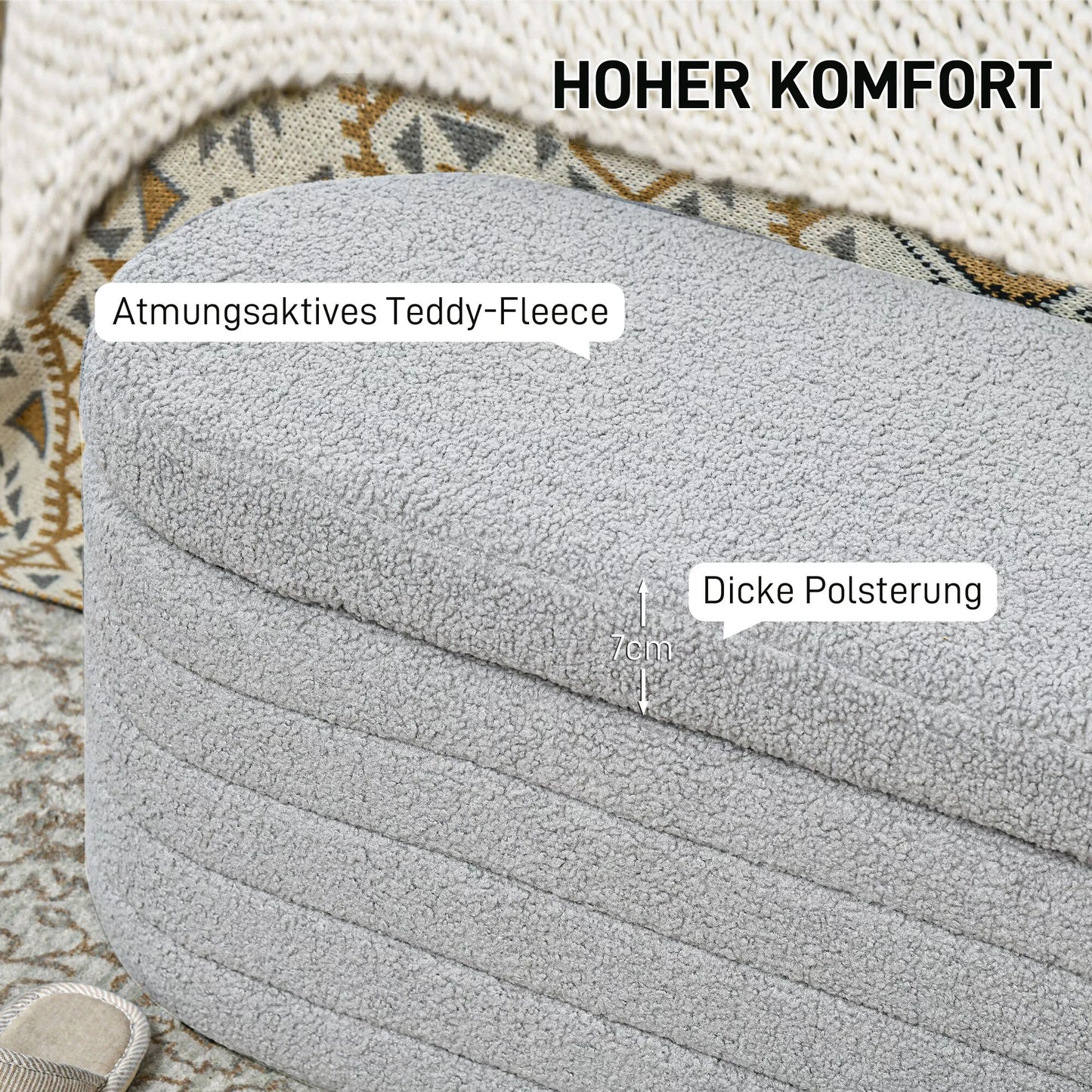 Lovosola, su sandėliavimo funkcija, Teddy vilna, 116x41x40,5cm, šviesiai pilka