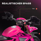 Infografika: rožinis motociklas su garso mygtuku, lemputėmis ir priekiniu žibintu iš šono