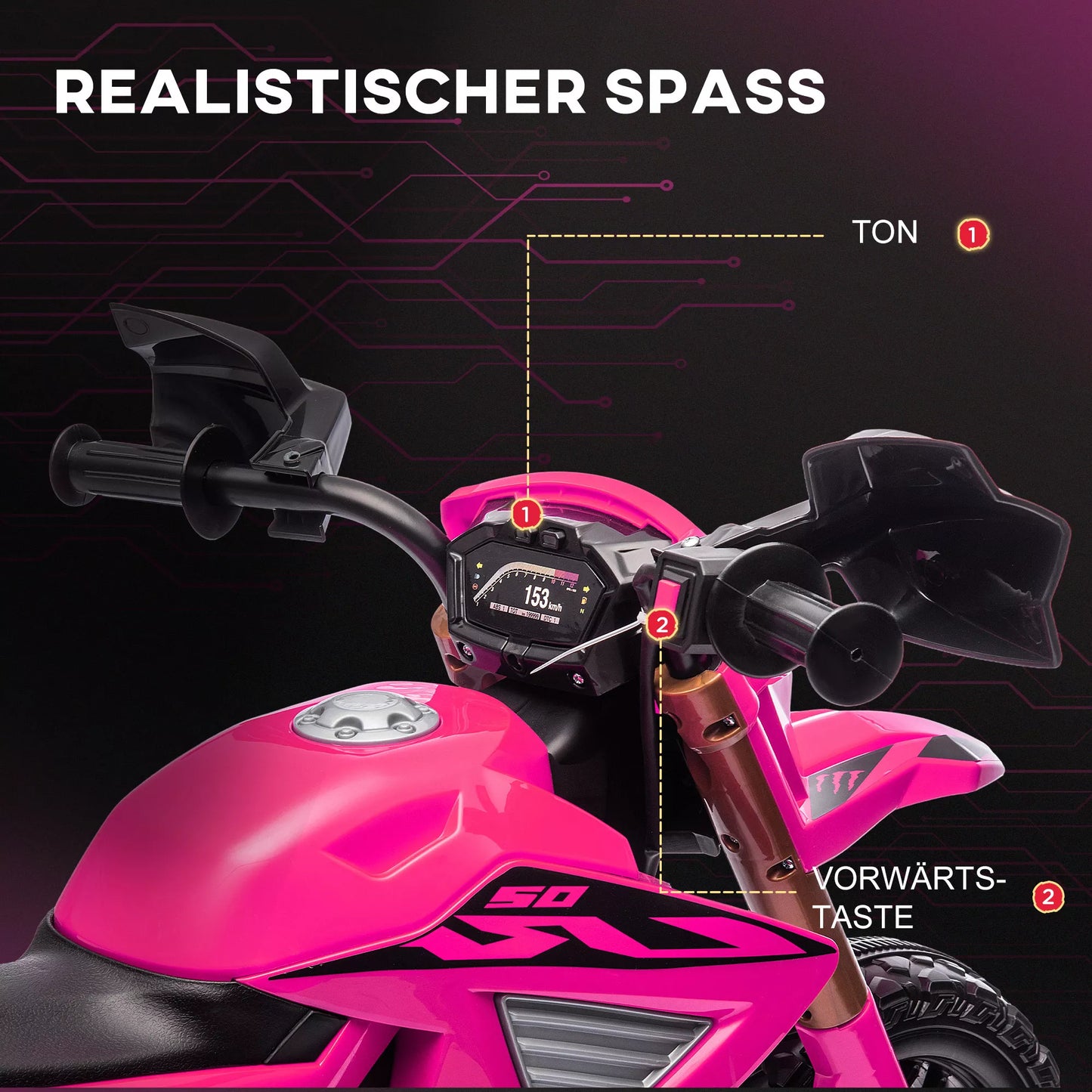 Elektrinis motociklas vaikams, 12V vaikiškas motociklas su atraminiais ratukais, vaikiška transporto priemonė su garso signalu ir paleidimo garsu, 3 km/h, Rožinė