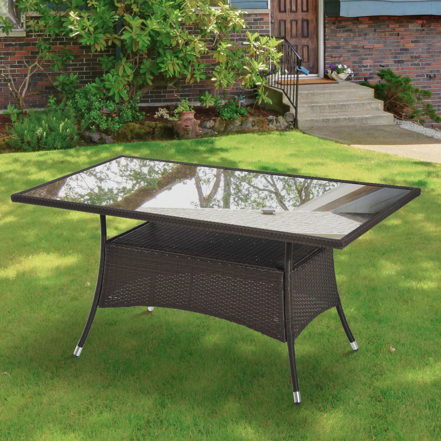 Lauko stalas su stiklo plokšte, polirotango, 150x85x74 cm, rudas/juodas