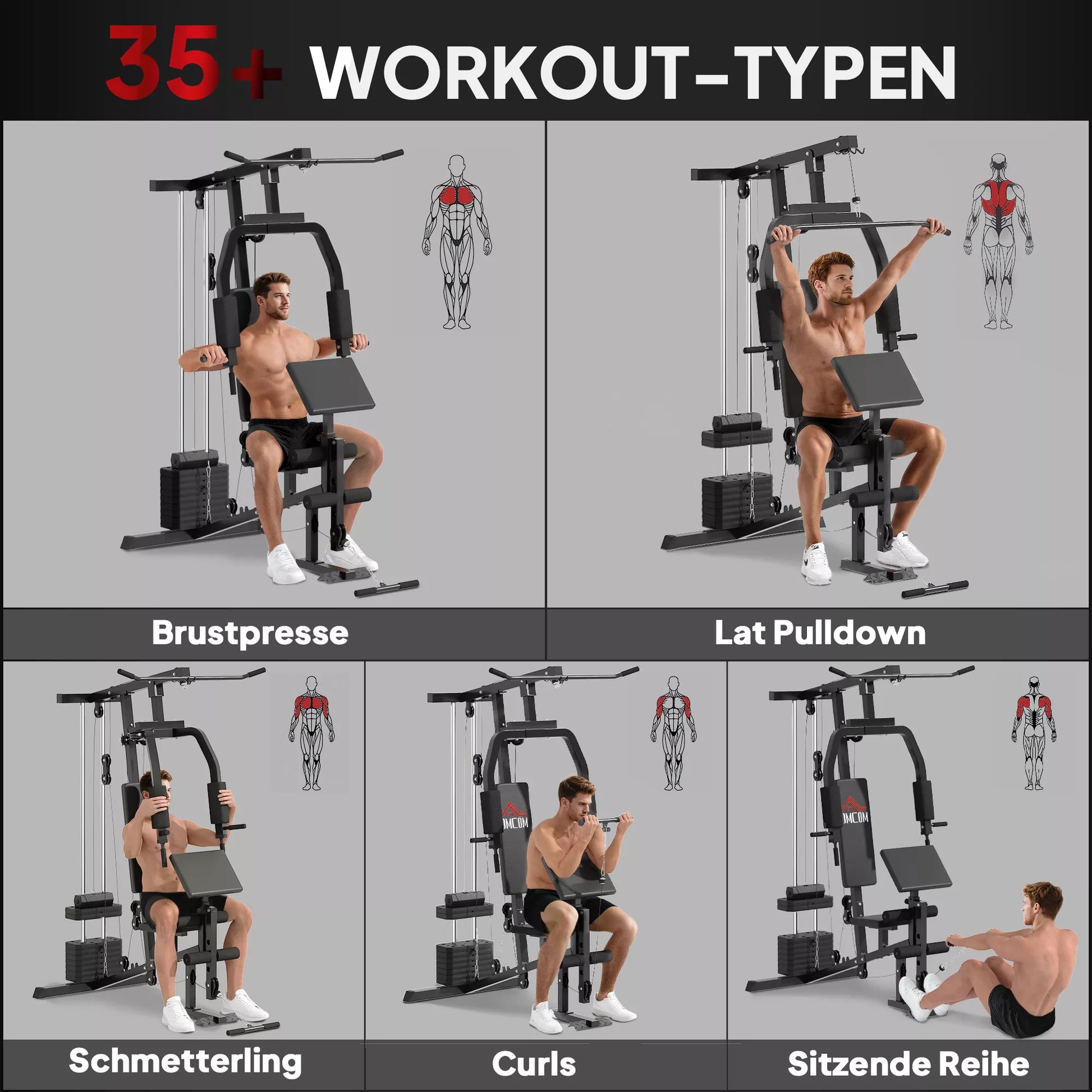 Namų treniruoklių stotis su viršutinio bloko traukimo įrenginiu, kabelio trauka, trumpu bicepso strypu, krūtinės spaudimo įrenginiu, kojų treniruokliu, „Drugelio“ treniruokliu, 45 kg svoriais, daugiafunkcinė treniruoklių stotis, juoda