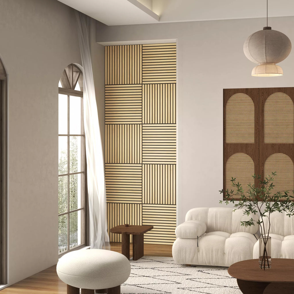 Akustinė plokštė, garso sugėrimas, DIY lamelių siena, MDF ir poliesteris, paprastas montavimas, ąžuolas