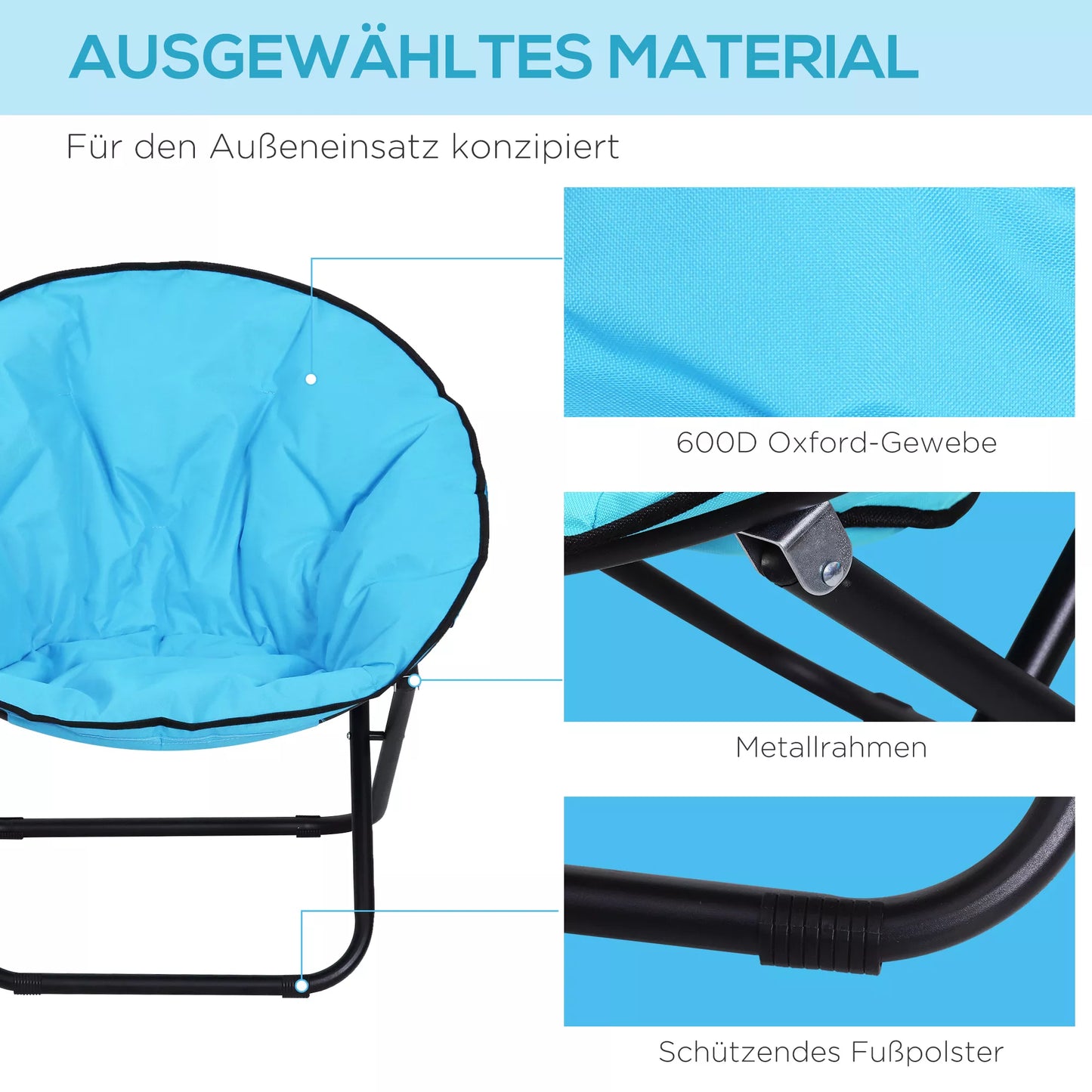 Sulankstoma kemperio kėdė su atlošu, sulankstomas krėslas iki 120kg, paminkštintas Moonchair Ypač platus, sulankstomas lauko krėslas sodui, balkonui, stovyklavimui, mėlynas