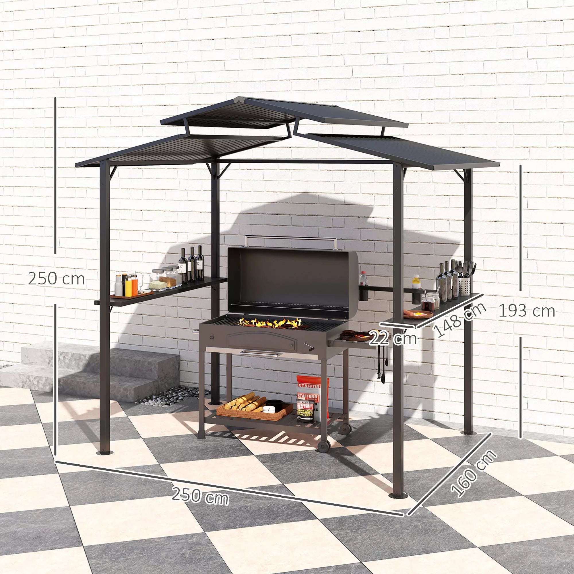 Grillpavillon 250 x 160 x 250 cm vandeniui atsparus sodo paviljonas su dvigubu stogu, šoninėmis lentynomis Juodas
