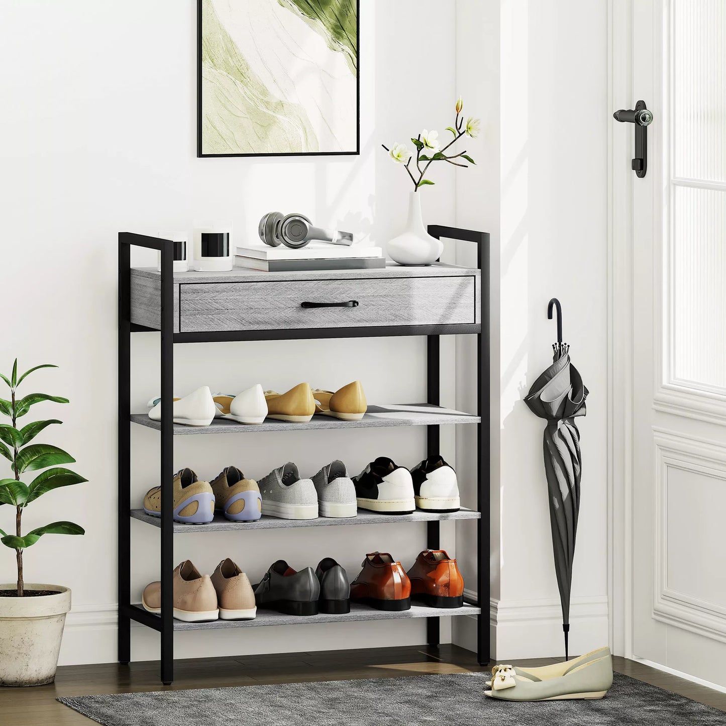 4 pakopų batų lentyna, prieškambario lentyna iki 9 porų batų, medžio drožlių plokštė, metalas, pilka