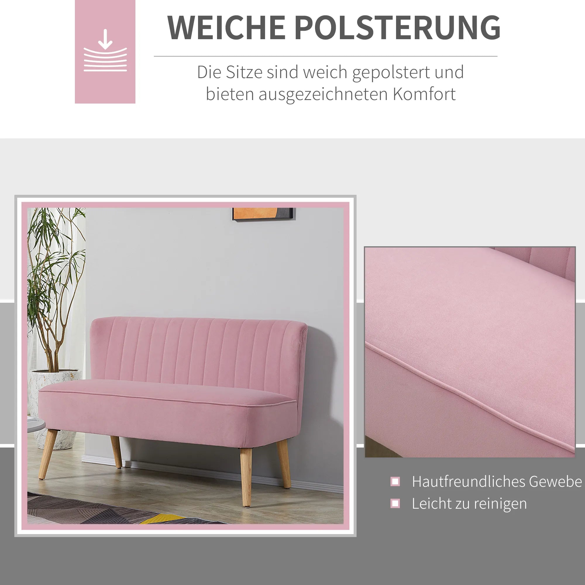 2 vietų audinio sofa, minkšta sofa, dvivietė sofa, sėdėjimo baldas, poilsio sofa, mediena, rausvo aksomo tipo poliesteris, putplastis, rožinė, 117 x 56,5 x 77 cm