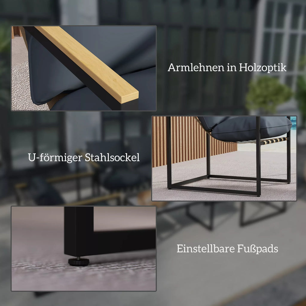 4 dalių sodo baldų komplektas, lauko baldų komplektas, 2 foteliai, 2 vietų sofa, 1 stalas, paminkštinti, plienas, poliesteris, pilkos spalvos