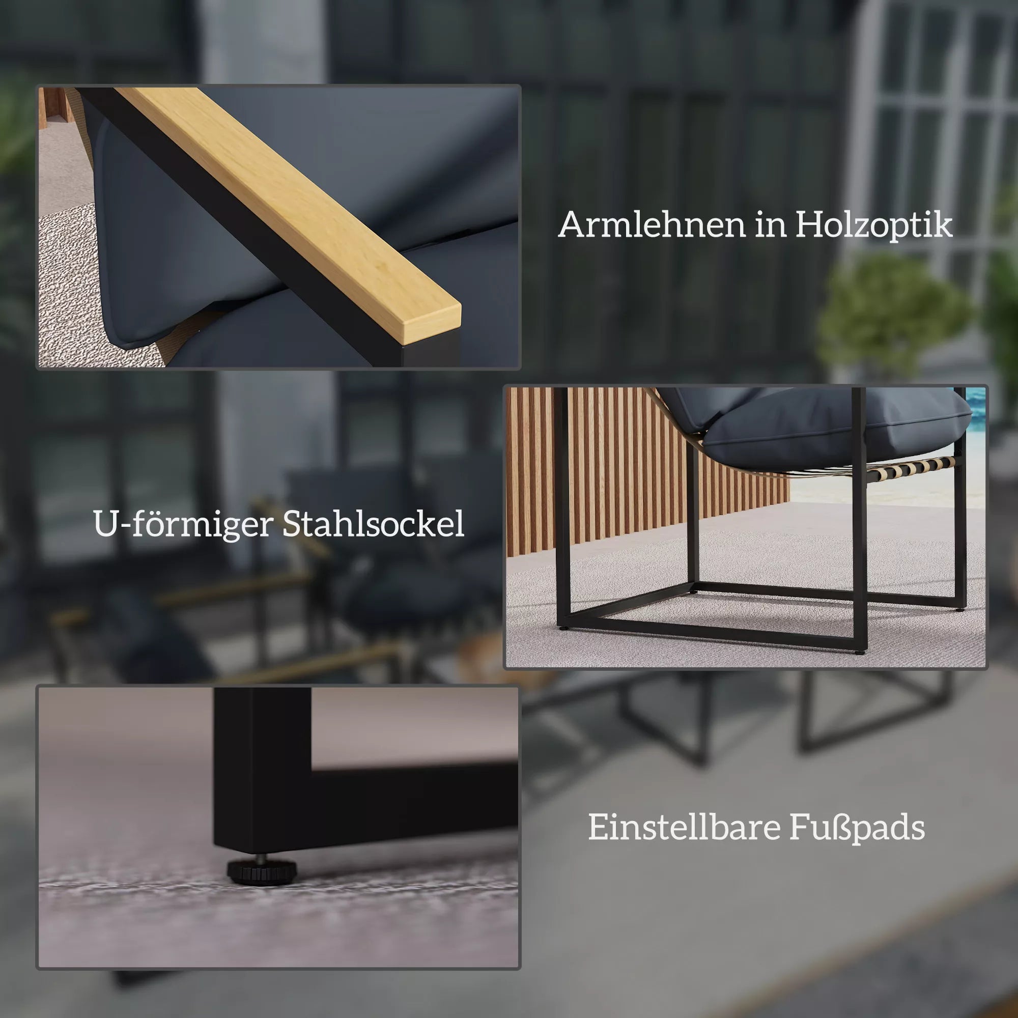 4 dalių sodo baldų komplektas, lauko baldų komplektas, 2 foteliai, 2 vietų sofa, 1 stalas, paminkštinti, plienas, poliesteris, pilkos spalvos