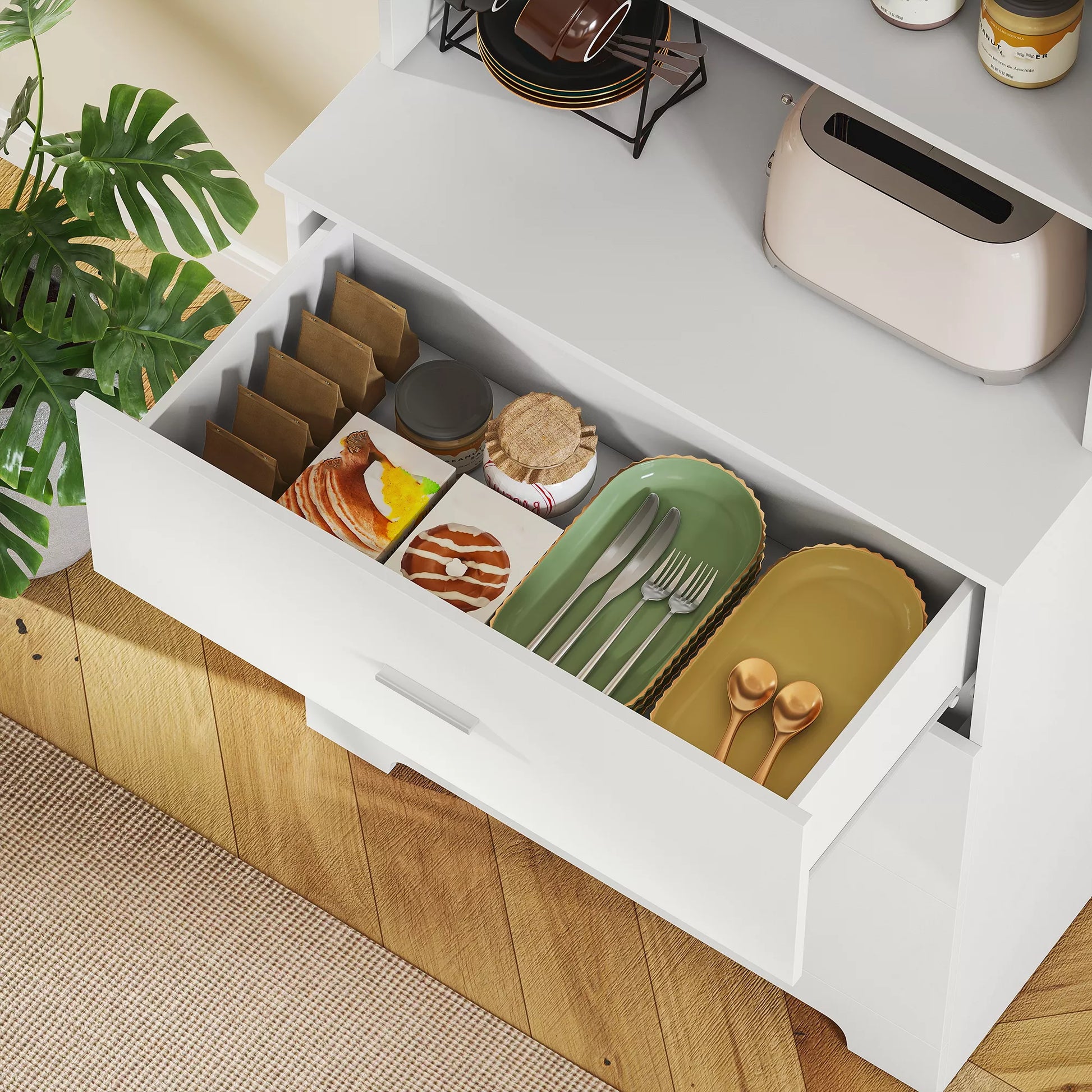 Knygų spinta Aukšta spinta Vitrina su 3 stalčiais, 3 atviromis lentynomis, skirta svetainei ir virtuvei, 79x39,5x180 cm, balta