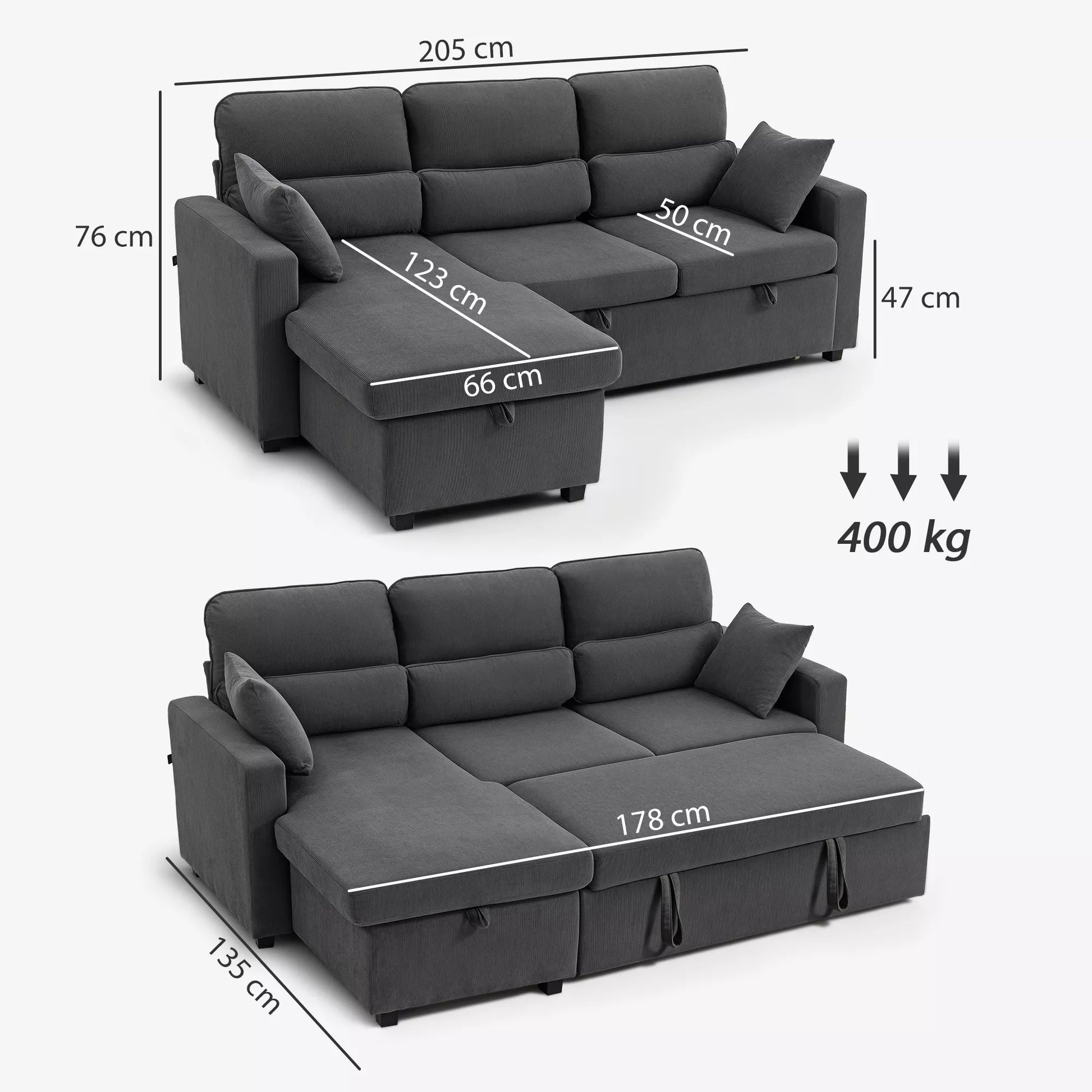 Reguliuojama sofa-lova, L formos svečių sofa su miegojimo funkcija, daiktų laikymo vieta, pagalvėlėmis, skirta svetainei, svečių kambariui, tamsiai pilka