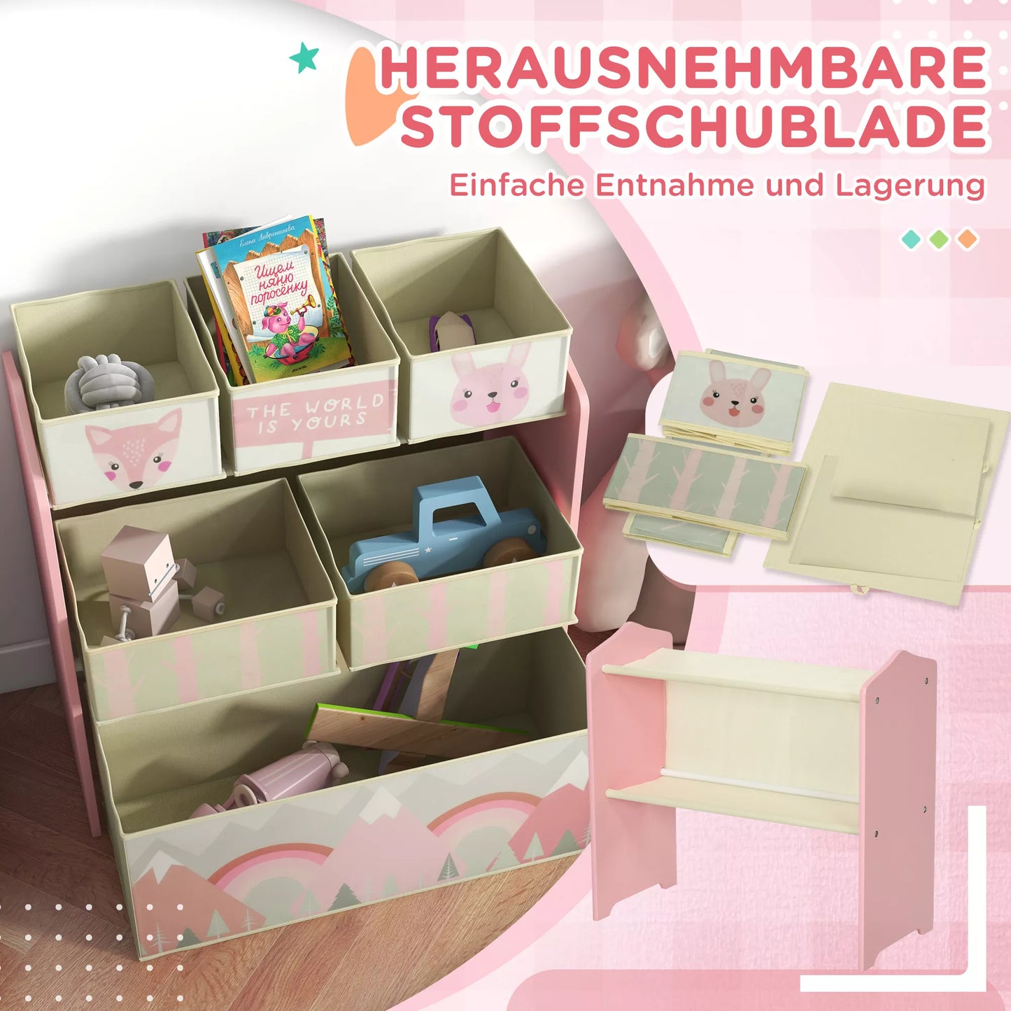 Vaikų spintelė su 6 audinio dėžutėmis, mielas motyvas, 63x30x66 cm, rožinė