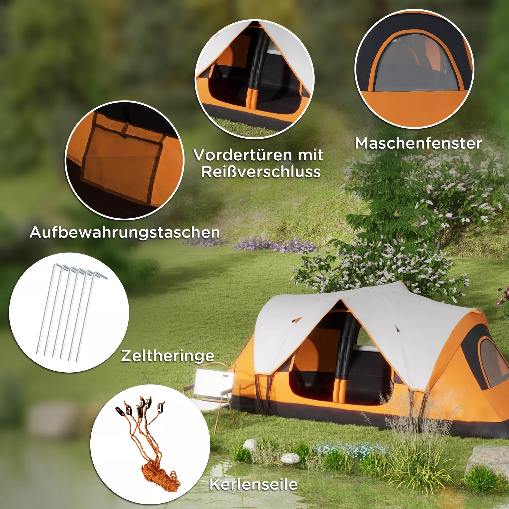Kempingo palapinė, 2 kambariai, pertvara, 6–8 asmenims, apsauga nuo lietaus, oranžinė
