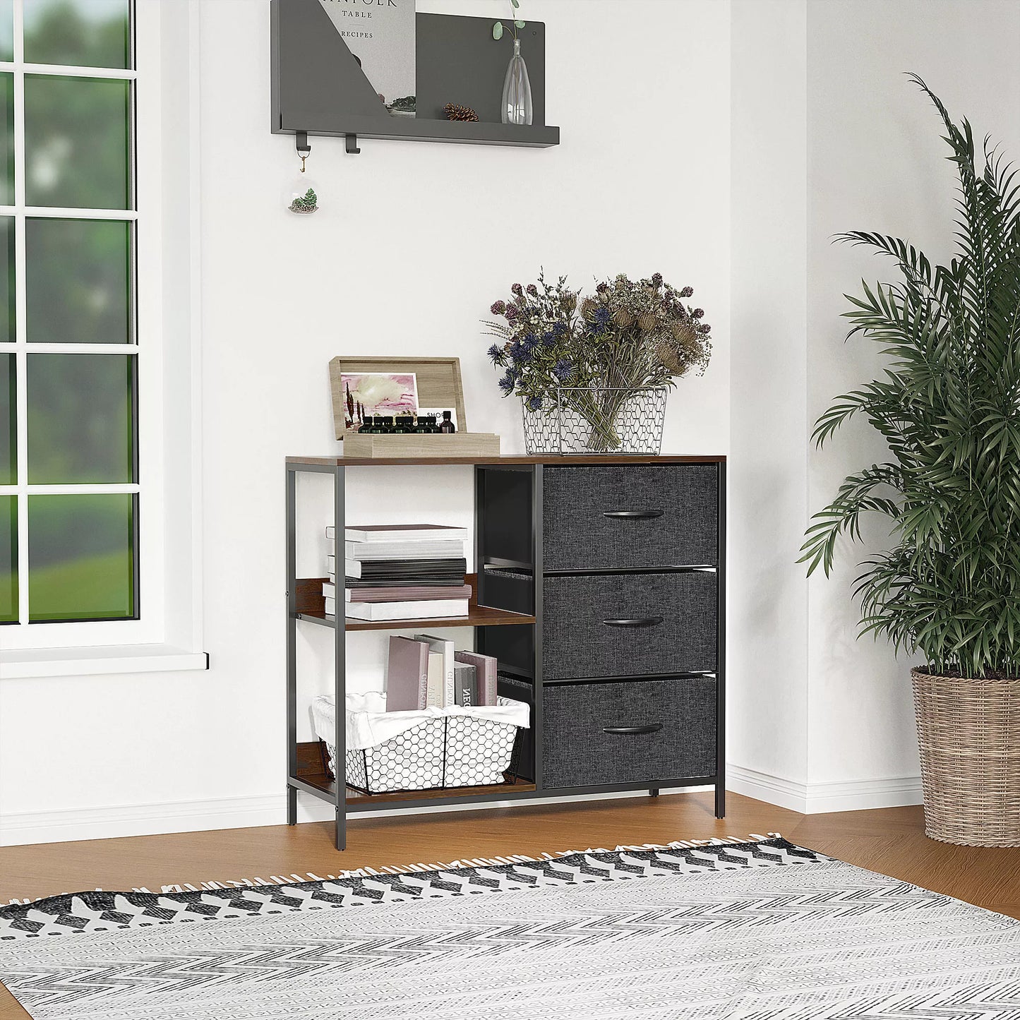 Saugojimo komoda, 3 medžiaginiai stalčiai, lentynos, metalinis rėmas, ruda+pilka