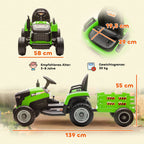 Infografika su žalio elektrinio traktoriaus matmenimis: 139 cm ilgis su priekaba, 58 cm plotis