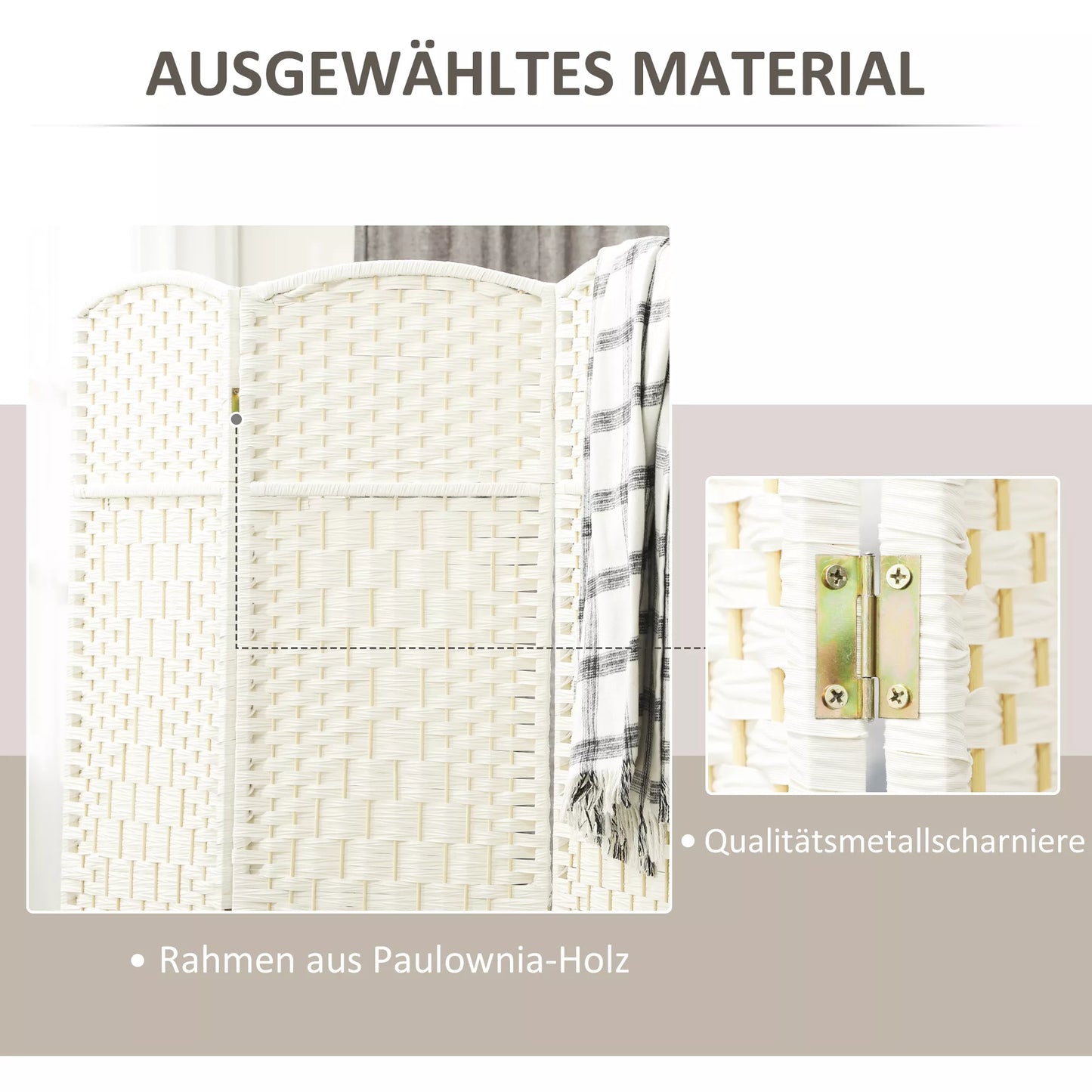 Pertvara, 4 dalių sulankstoma sienelė, pintas raštas, pušies mediena, Balta