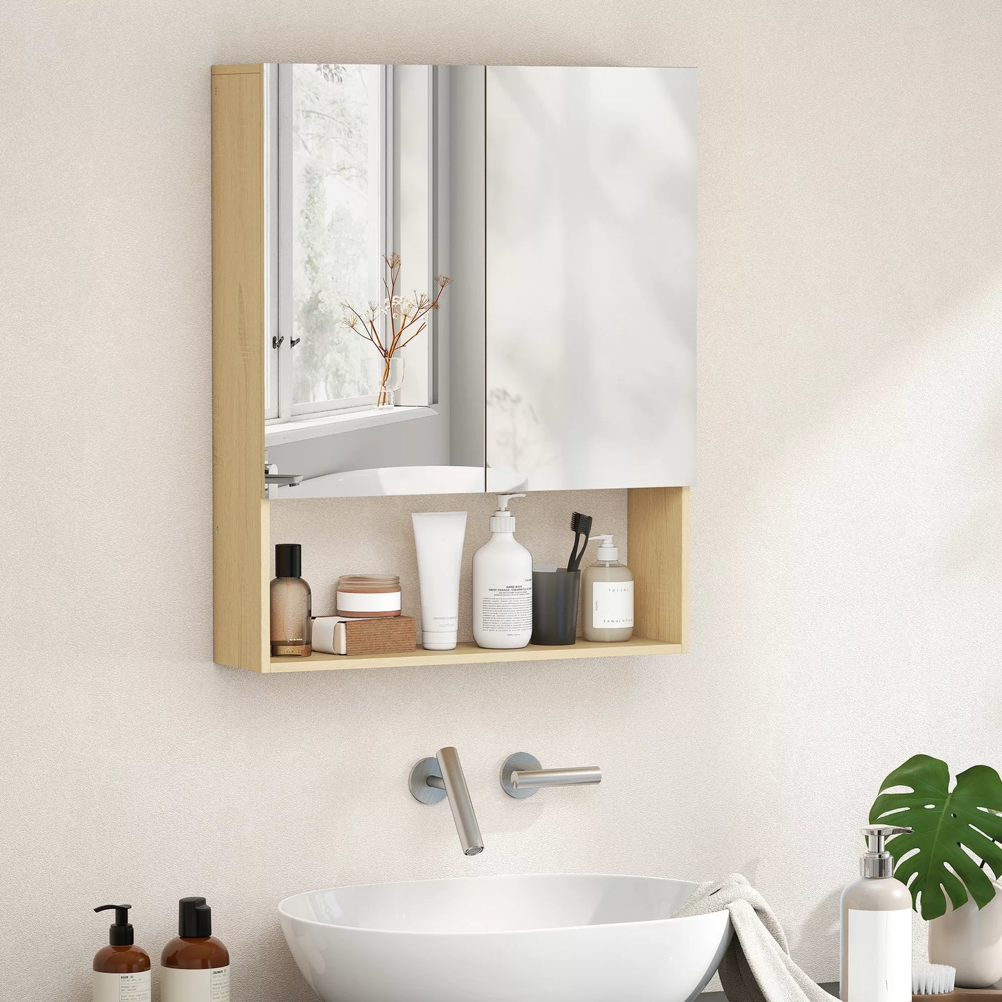 Vonios spintelė, veidrodinės durys, atvira lentyna, sieninis montavimas, MDF, medžio drožlių plokštė, ąžuolas