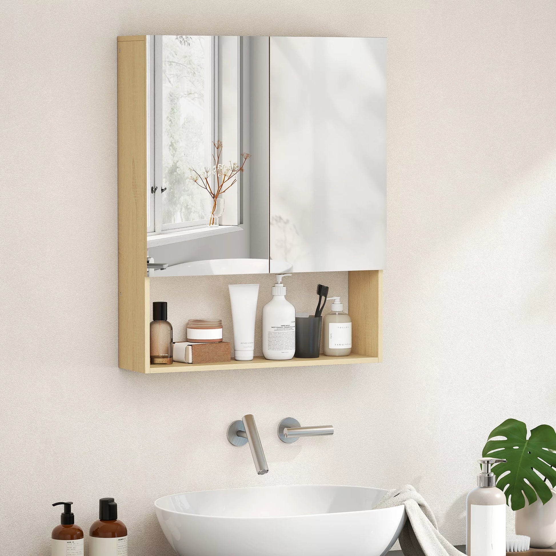 Vonios spintelė, veidrodinės durys, atvira lentyna, sieninis montavimas, MDF, medžio drožlių plokštė, ąžuolas