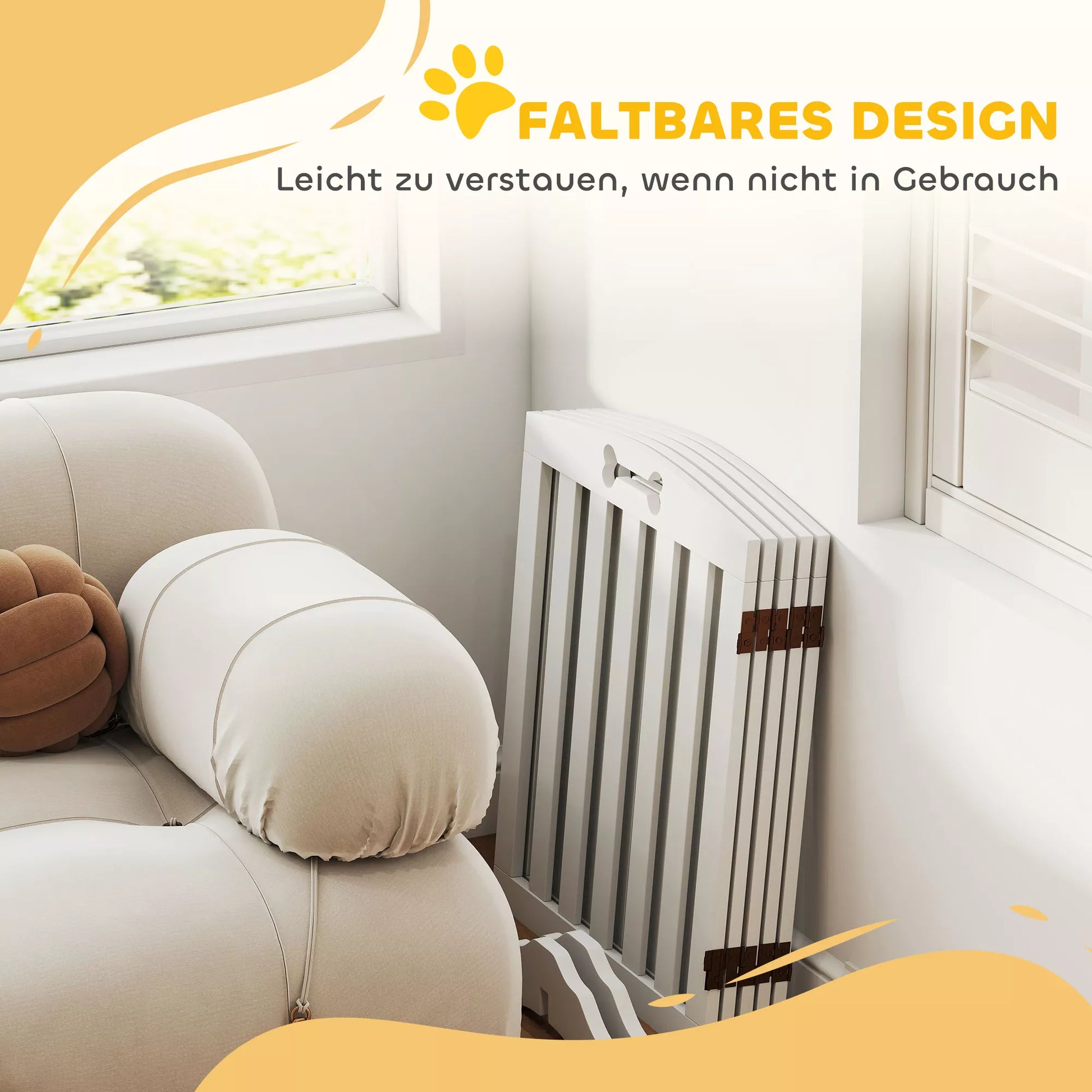 Laisvas stovintis šunų aptvaras su atraminėmis kojomis, skirtas durų angai, koridoriui, laiptams, 258 x 30 x 61 cm, baltas