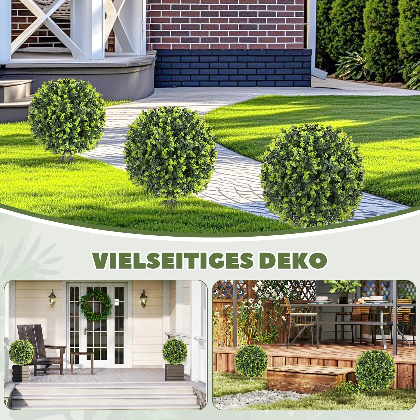 2 vnt. rinkinys. Dirbtinio buksmedžio rutuliai su kuoliuku įsmeigti į žemę, skirti naudoti viduje ir lauke, atsparūs UV spinduliams, žali.