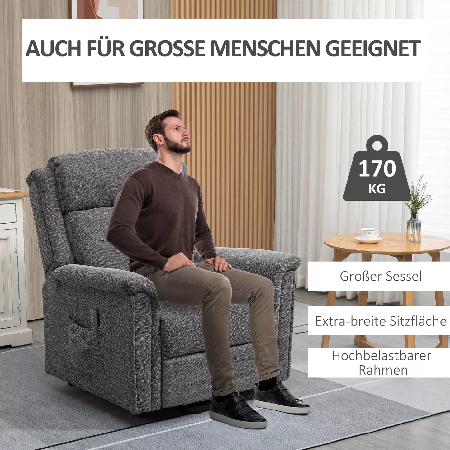 Relaksinis krėslas su pagalba atsikelti, su kojų atrama ir pulteliu, plienas, pilkas