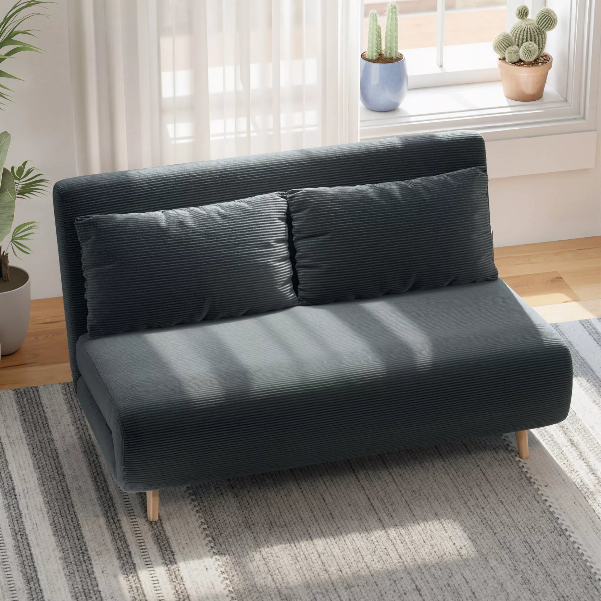 Miegamoji sofa-lova, svečių lova, 3 padėtimis reguliuojama atlošas, virvutės raštas, iki 120 kg, 141 x 90 x 81 cm, tamsiai pilka