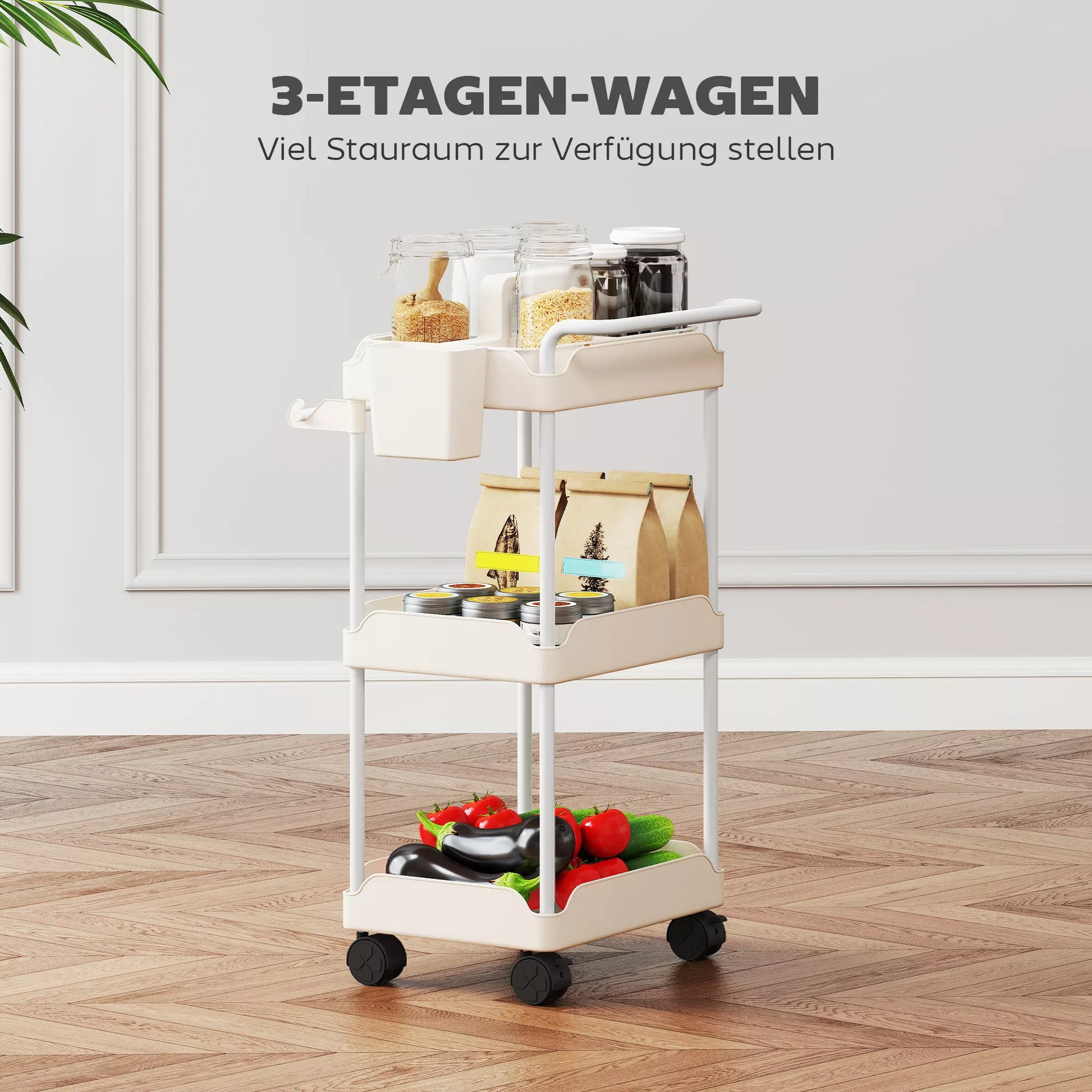 Laikymo vežimėlis, 3 krepšiai, rankšluosčių laikiklis, ratukai, rankena, metalinis rėmas, baltas