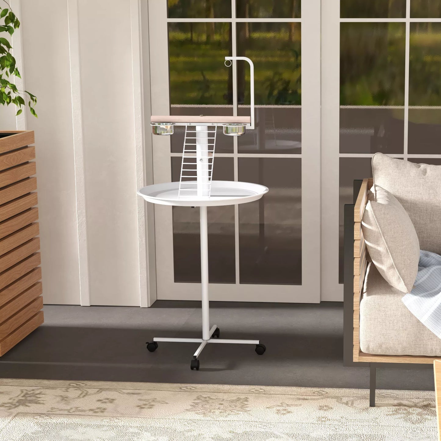 Tupėklynas papūgoms, 1 kopėtėlės, 1 sūpynės, 2 lesyklėlės, 60 x 60 x 138 cm, Balta + Natūrali