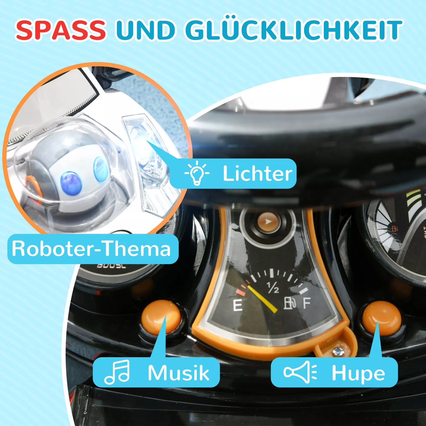 2-in-1 paspiriama mašinėlė, nuimamas stogelis, šviesos, muzika, garsinis signalas, plastikas ir metalas, 96 x 39 x 90 cm, balta/juoda